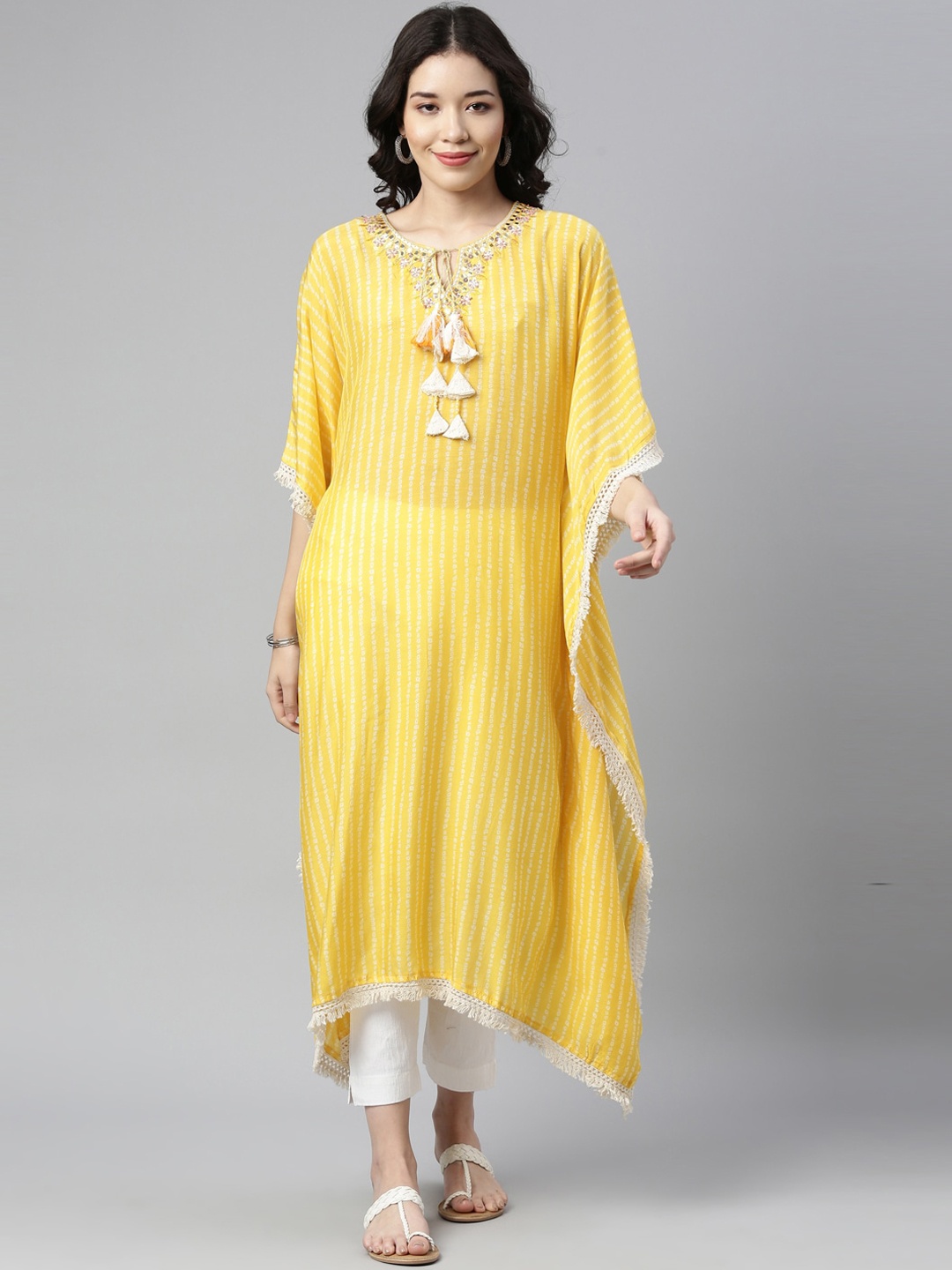

Neerus Women Yellow Striped Cotton Flared Sleeves Kaftan Kurta