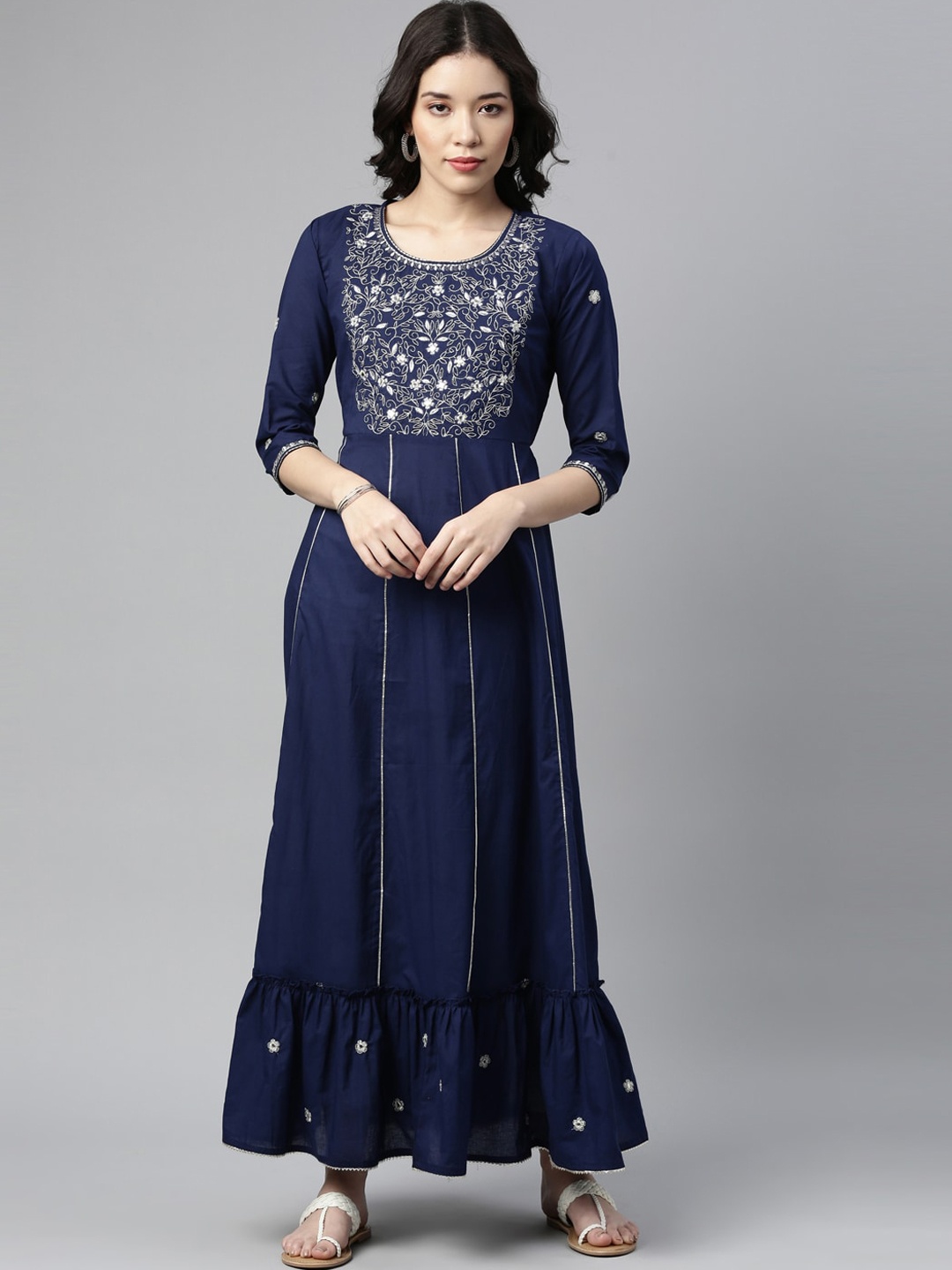 Neerus Women Blue Yoke Design Embroidered Kurta
