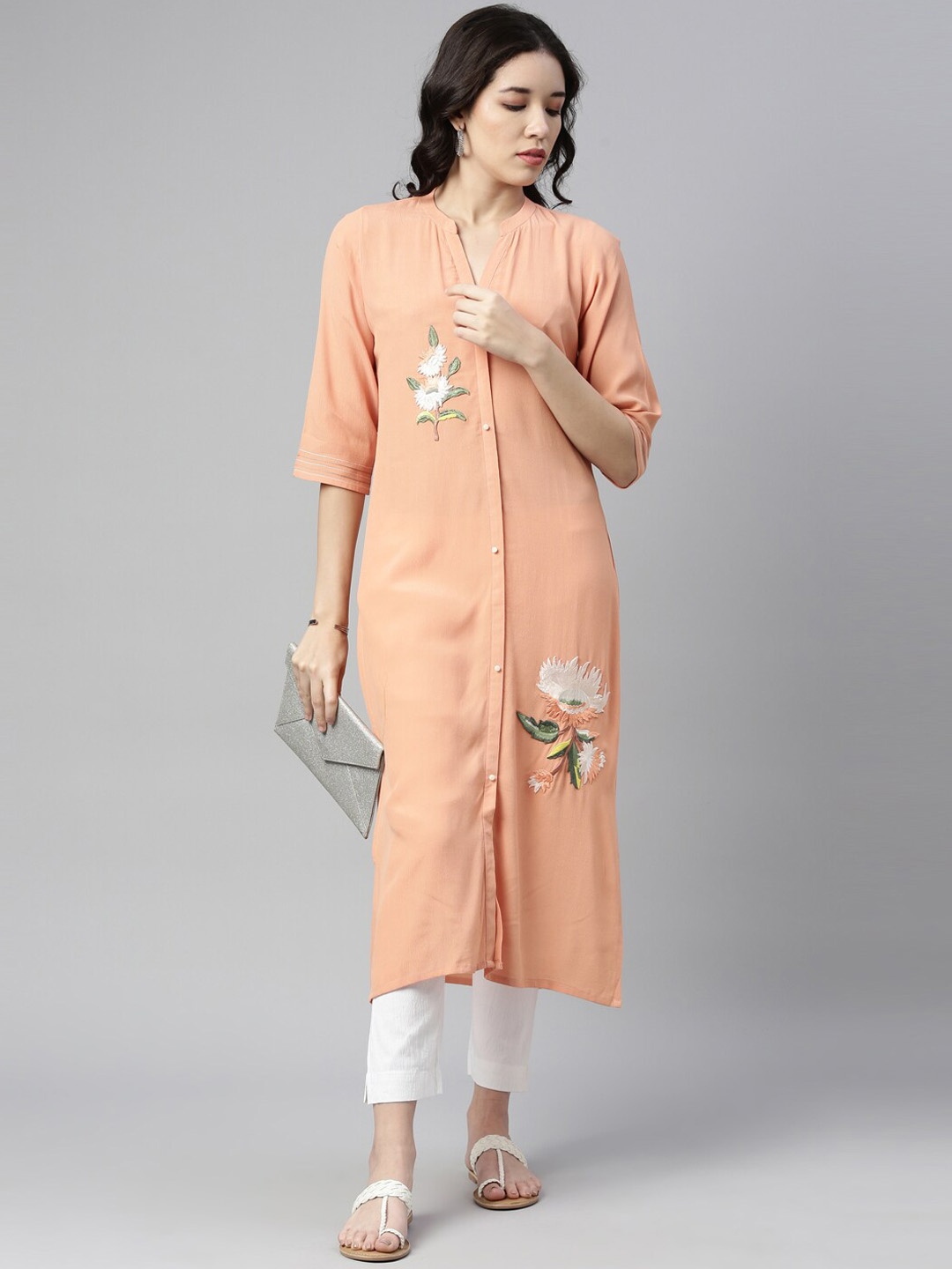 

Neerus Women Peach-Coloured Embroidered Floral Kurta
