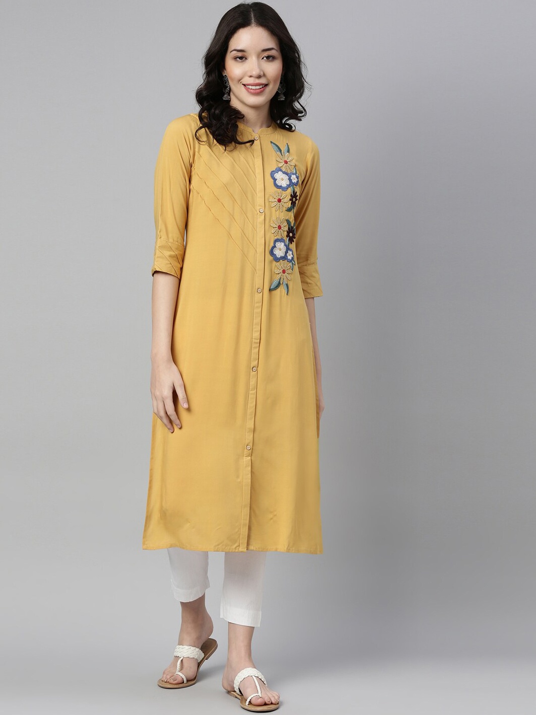 

Neerus Women Mustard Yellow Embroidered Floral Kurta