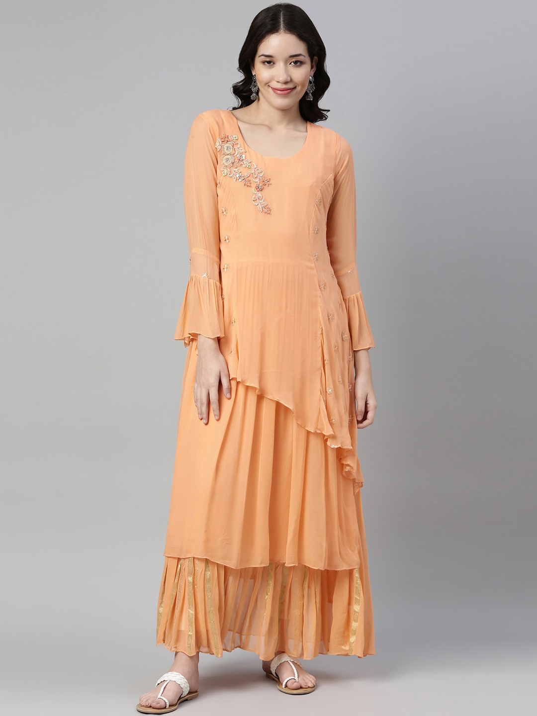 

Neerus Women Coral Embellished Asymmetric Georgette Anarkali Kurta