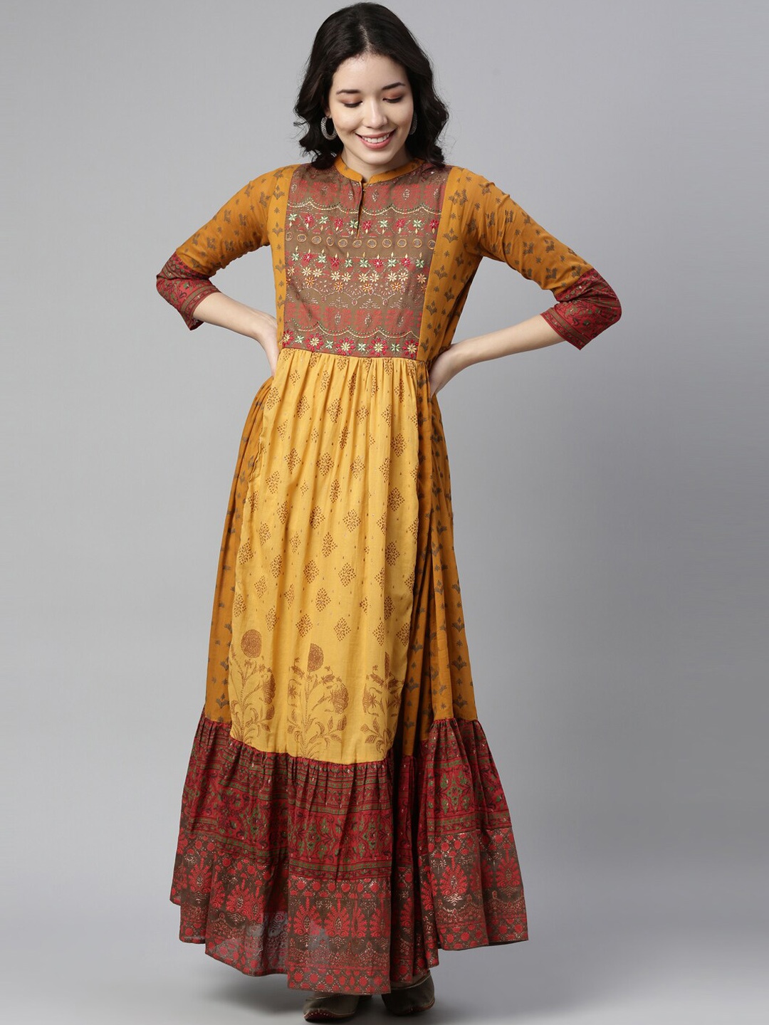 

Neerus Women Mustard Yellow Geometric Striped Gotta Patti Floral Anarkali Kurta