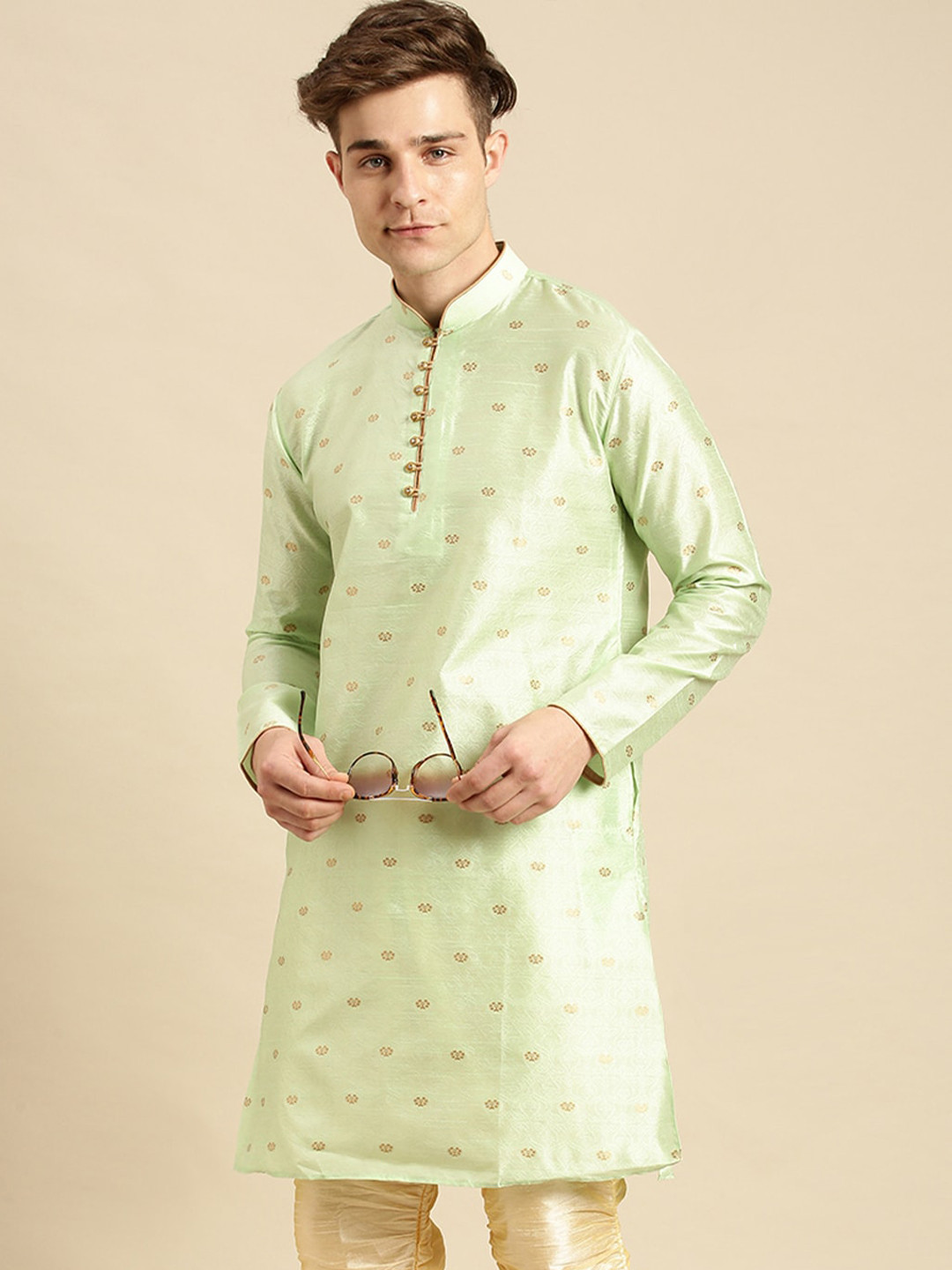 

Sanwara Men Green Thread Work Woven Designer Jacquard Kurta