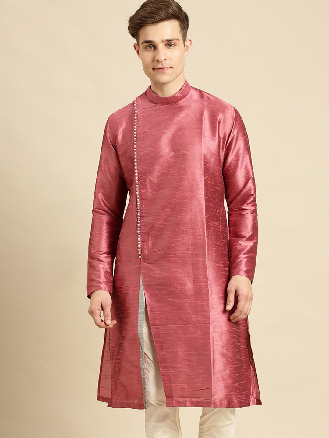 

Sanwara Men Pink Solid Designer Art Silk Kurta
