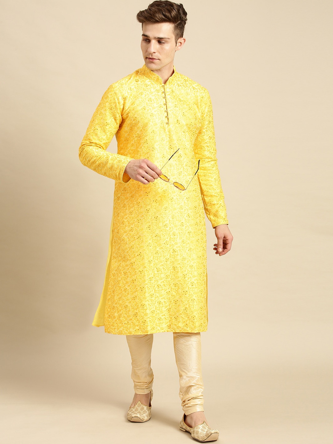 

Sanwara Men Yellow Ethnic Motifs Embroidered Designer Art Silk Thread Work Kurta