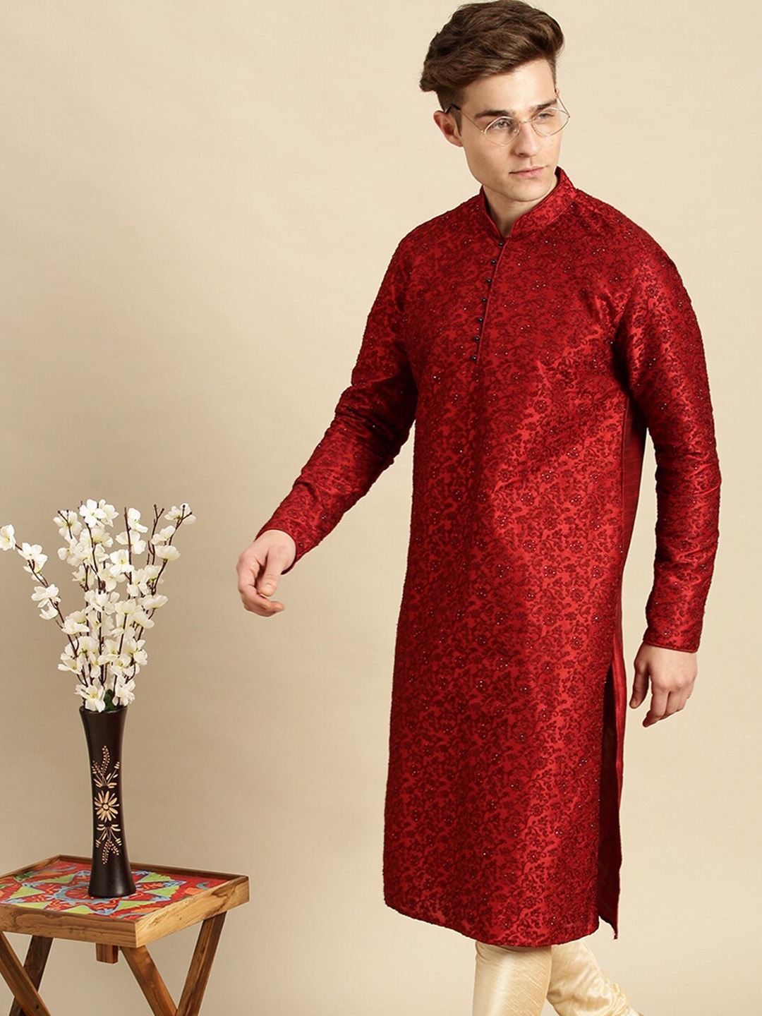 

Sanwara Men Red Embroidered Designer Art Silk Thread Work Kurta