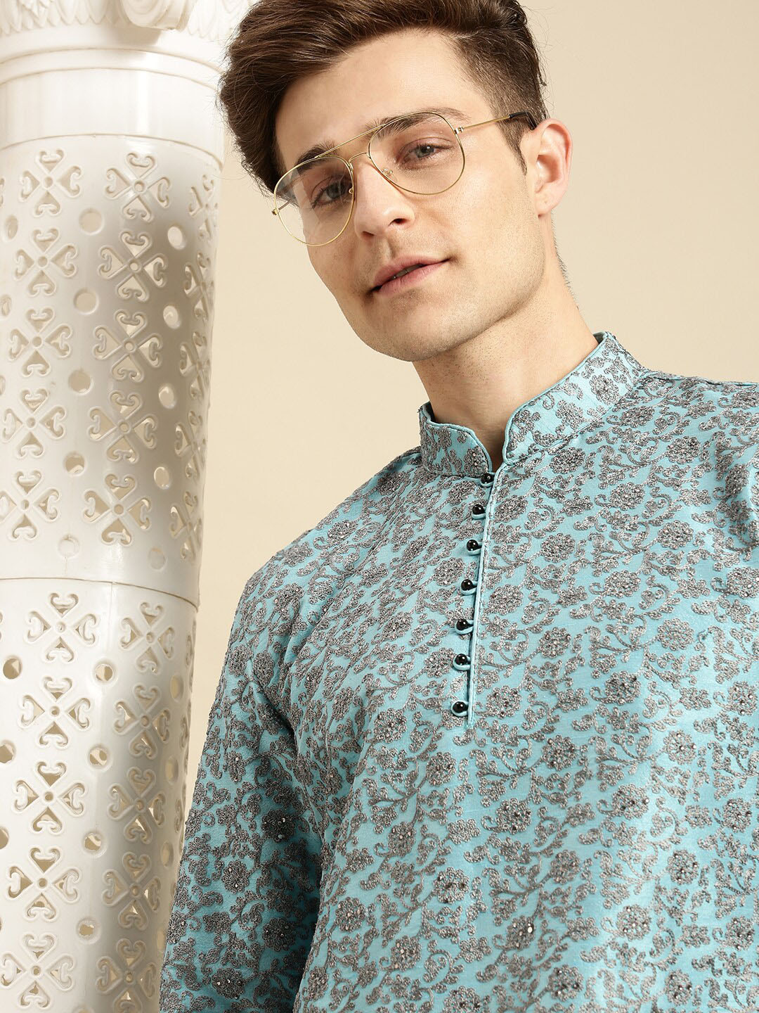 

Sanwara Men Blue Embroidered Designer Art Thread Work Kurta