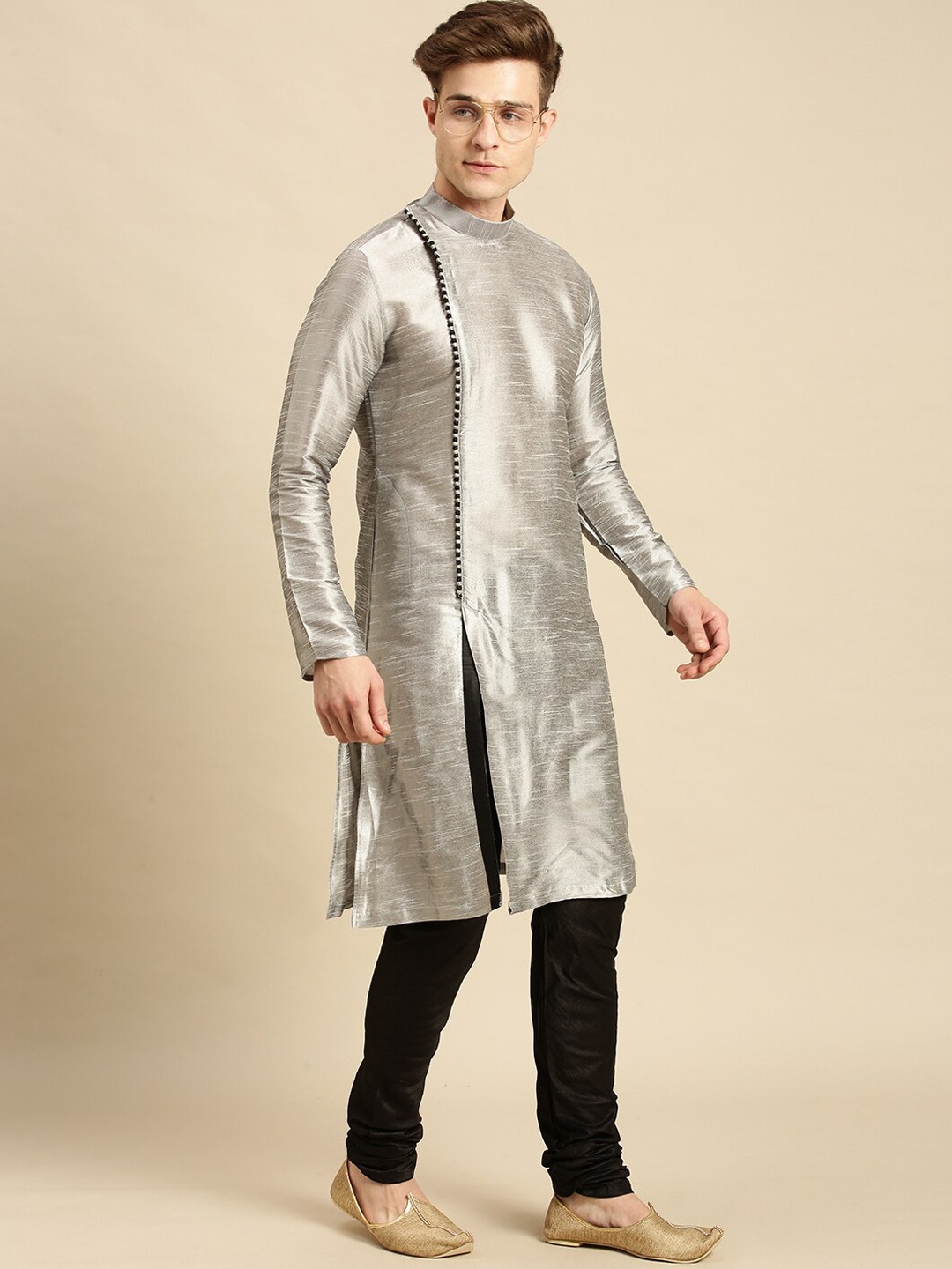 

Sanwara Men Silver-Toned Solid Designer Art Silk Kurta