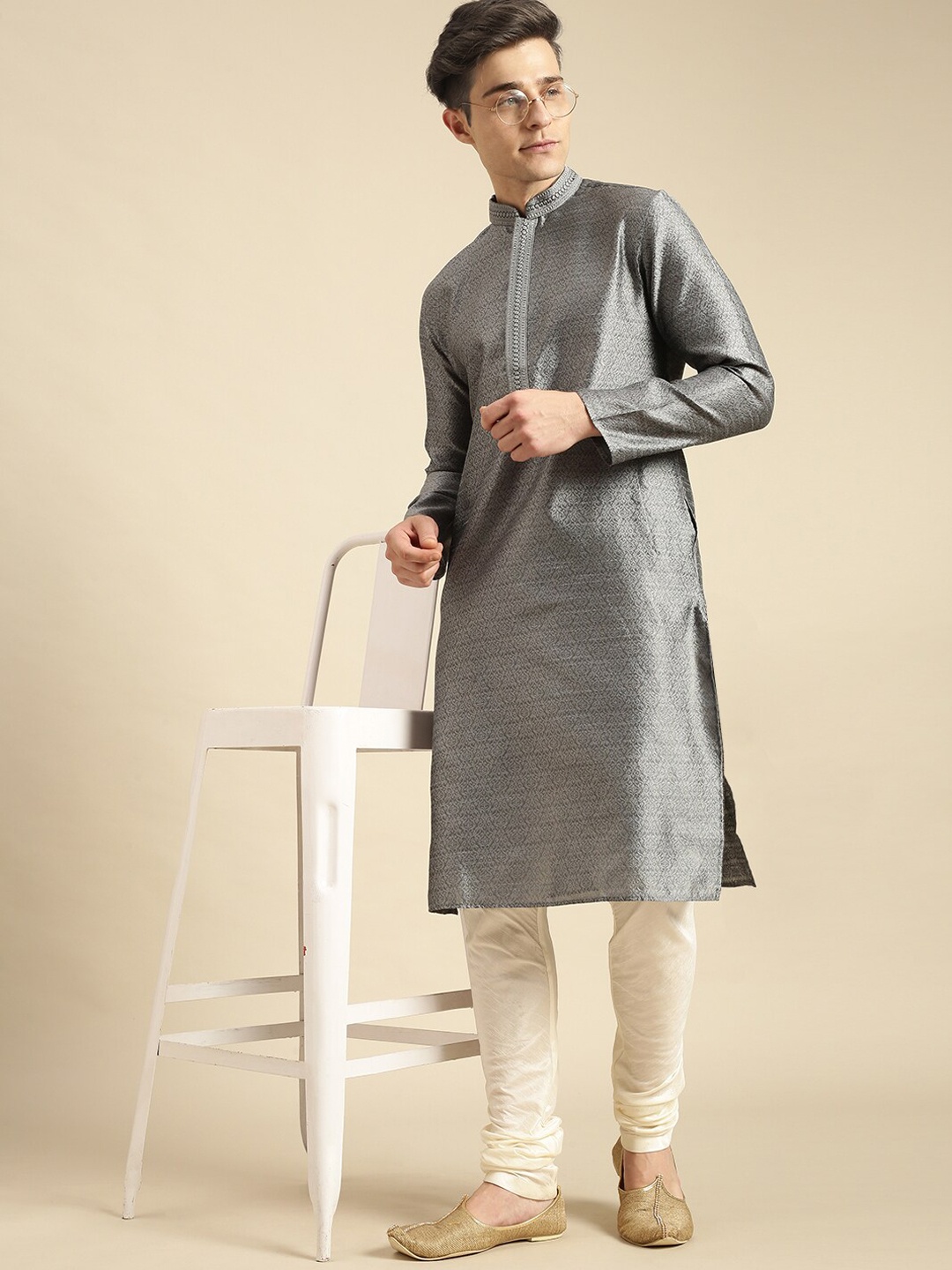 

Sanwara Men Grey Woven Designer Jacquard Kurta