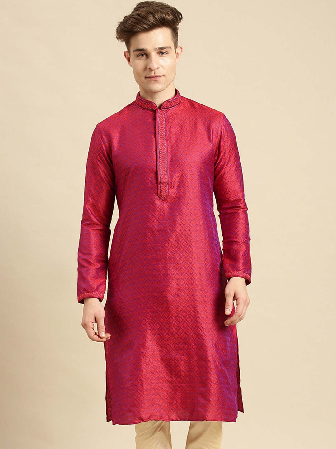 

Sanwara Men Pink Thread Work Woven Designer Jacquard Kurta
