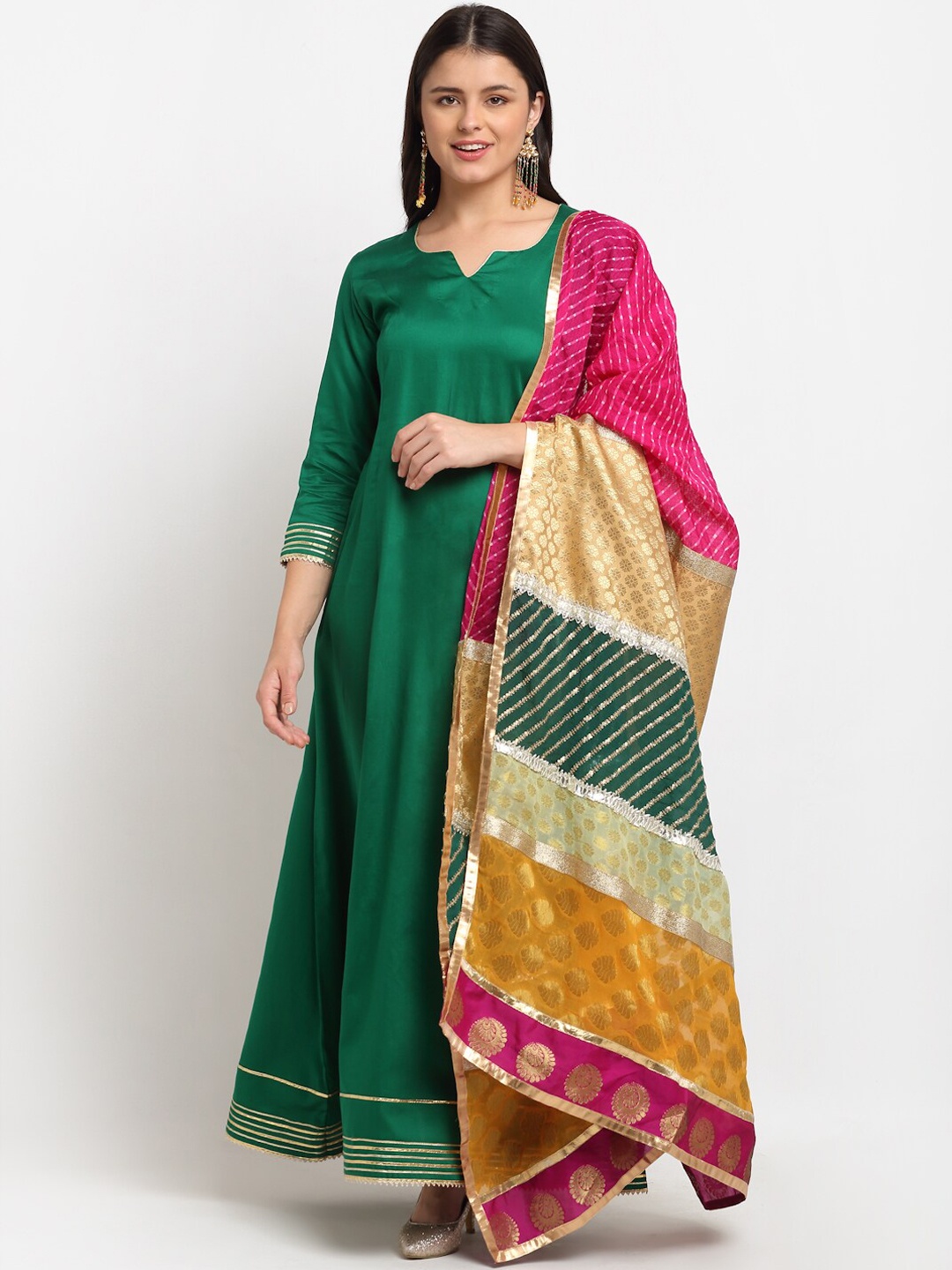 

anokherang Women Green Geometric Floral Handloom Anarkali Kurta With Dupatta