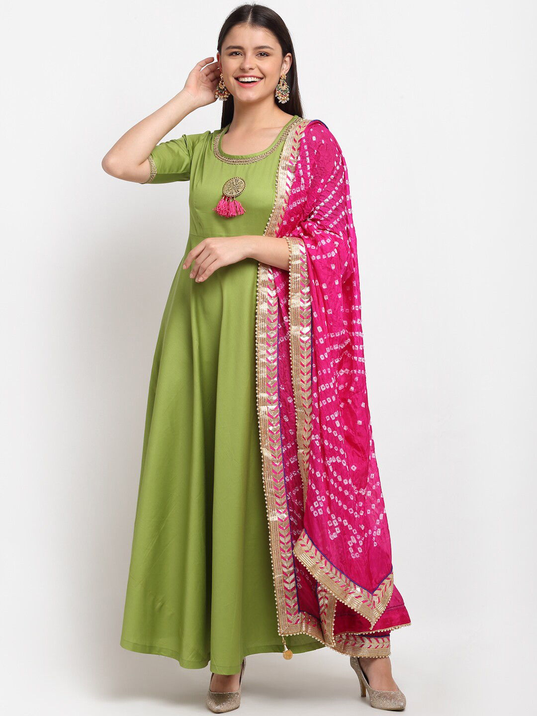 

anokherang Women Green Anarkali Kurta with Bandhani Dupatta