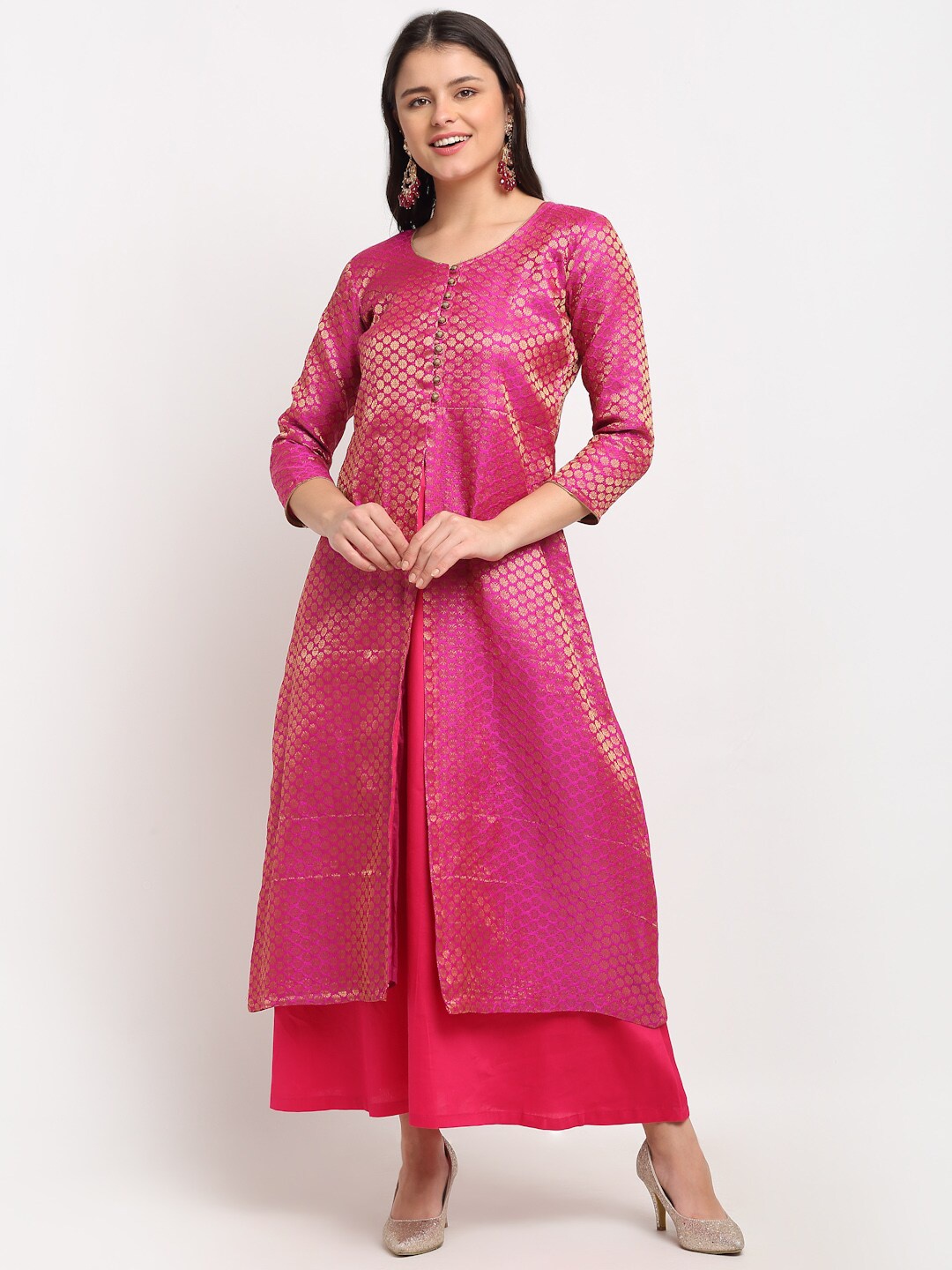 

anokherang Women Pink Dyed Thread Work Floral Handloom Kurta