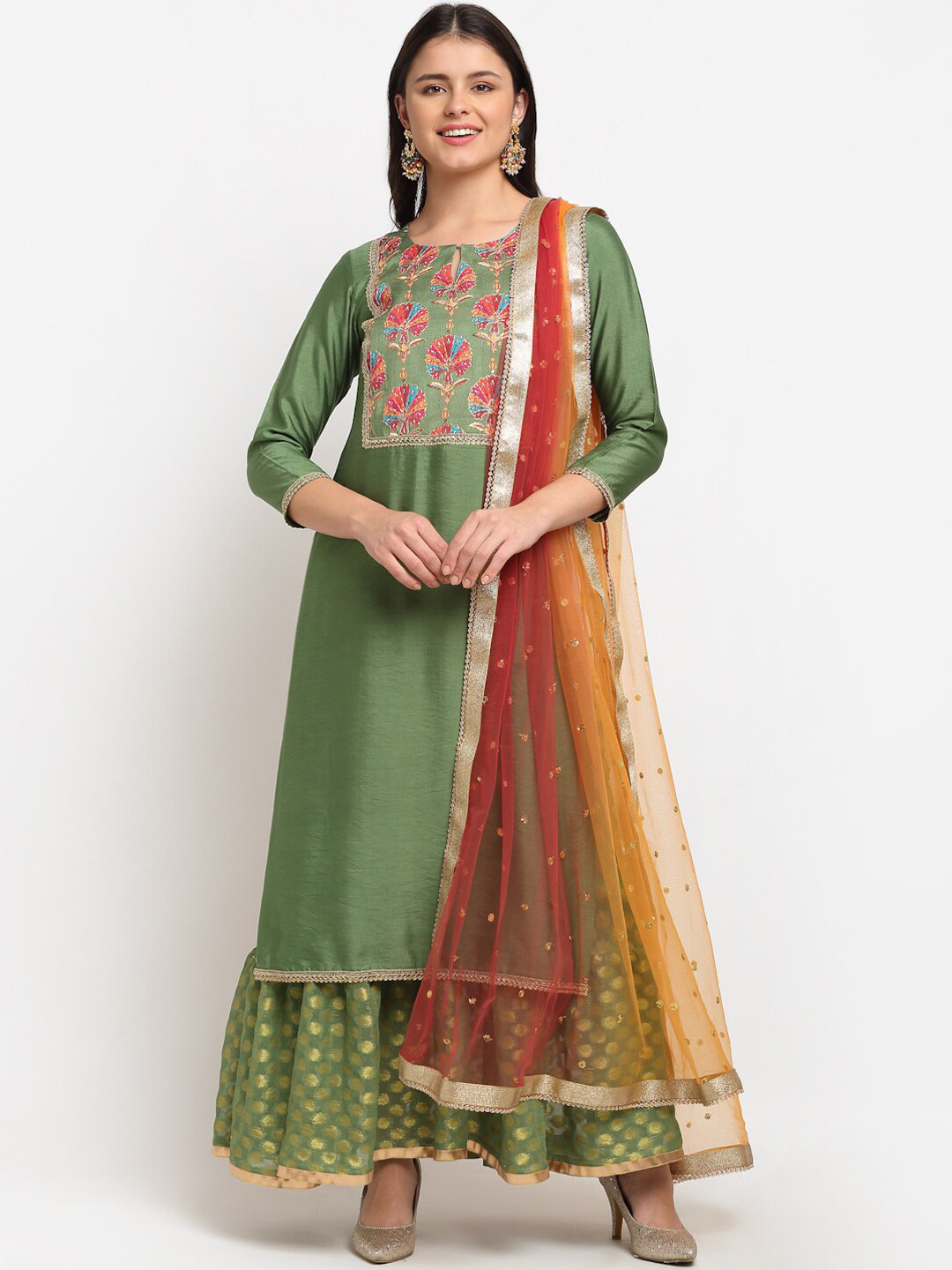 

anokherang Women Olive Green Floral Embroidered Gotta Patti Floral Kurta With Dupatta