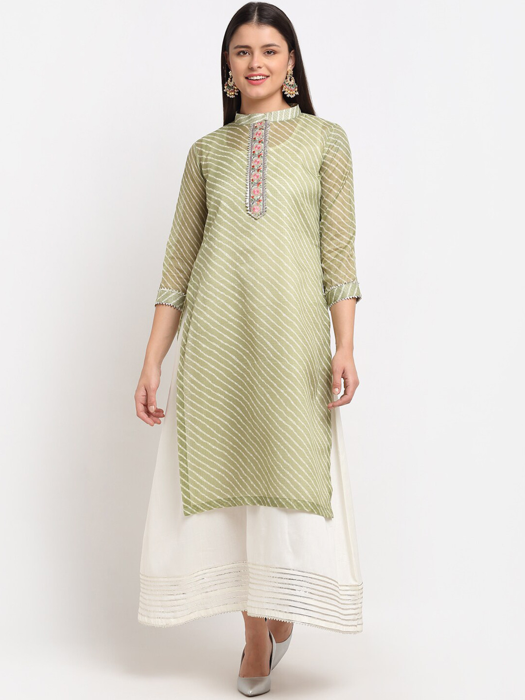 

anokherang Women Green & White Bandhani Printed A-line Kurta