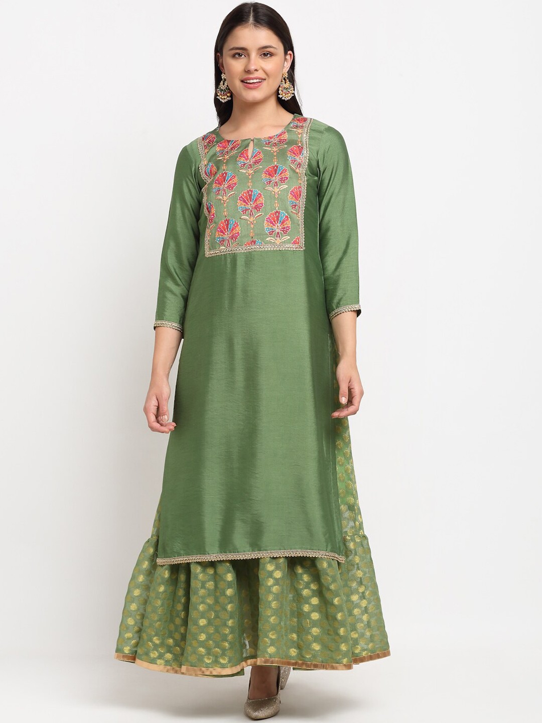 

anokherang Women Olive Green Floral Yoke Design Thread Work Floral Handloom Kurta