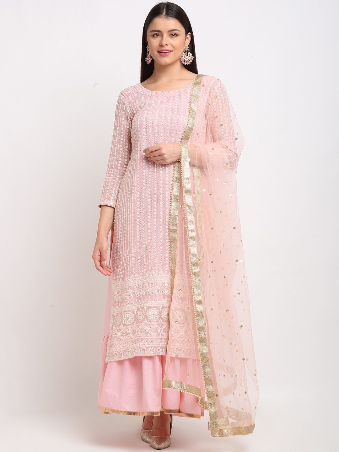 

anokherang Women Pink Embroidered Floral Georgette Handloom Georgette Kurta