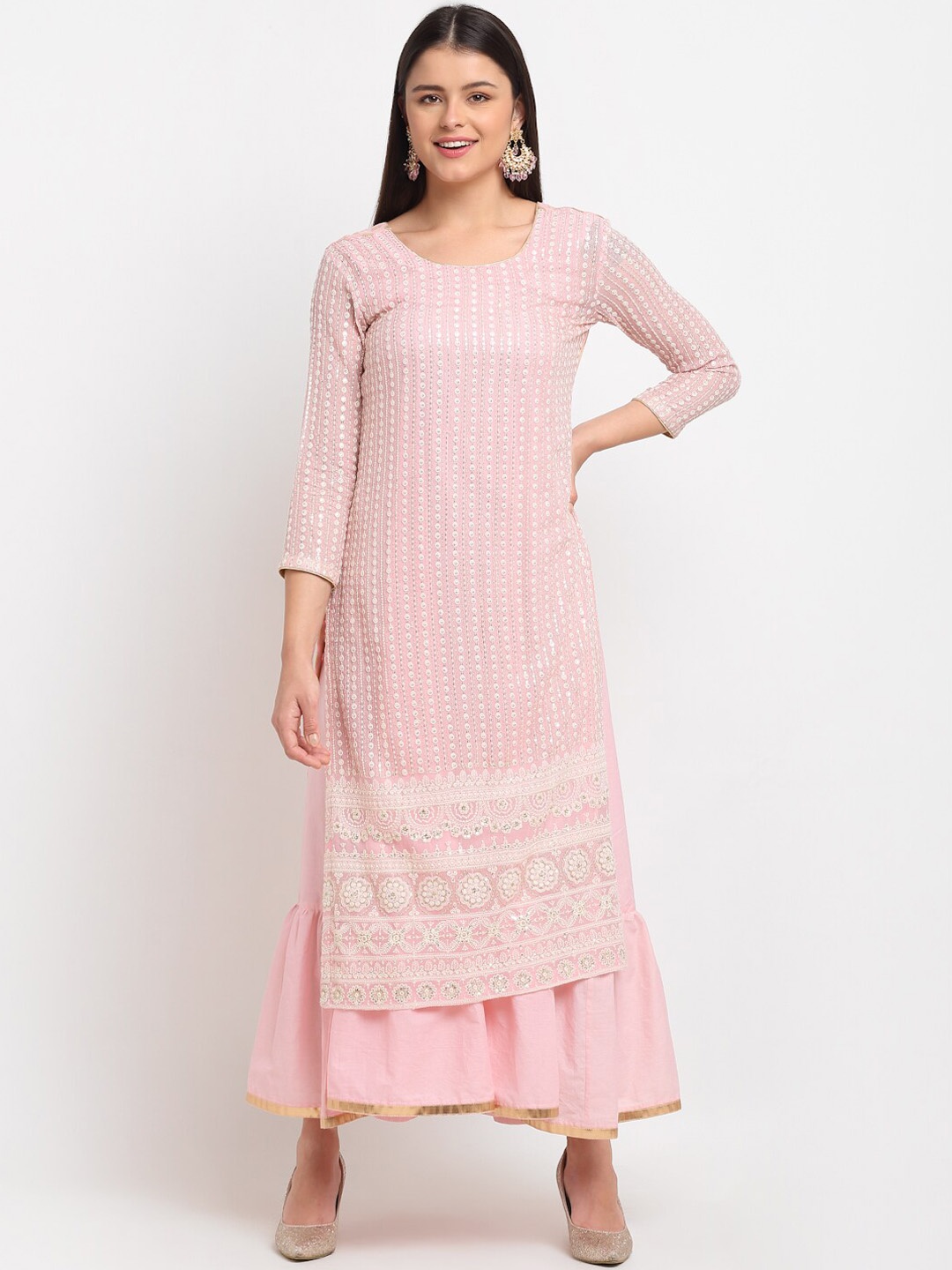 

anokherang Women Pink Thread Work Georgette Layered Kurta