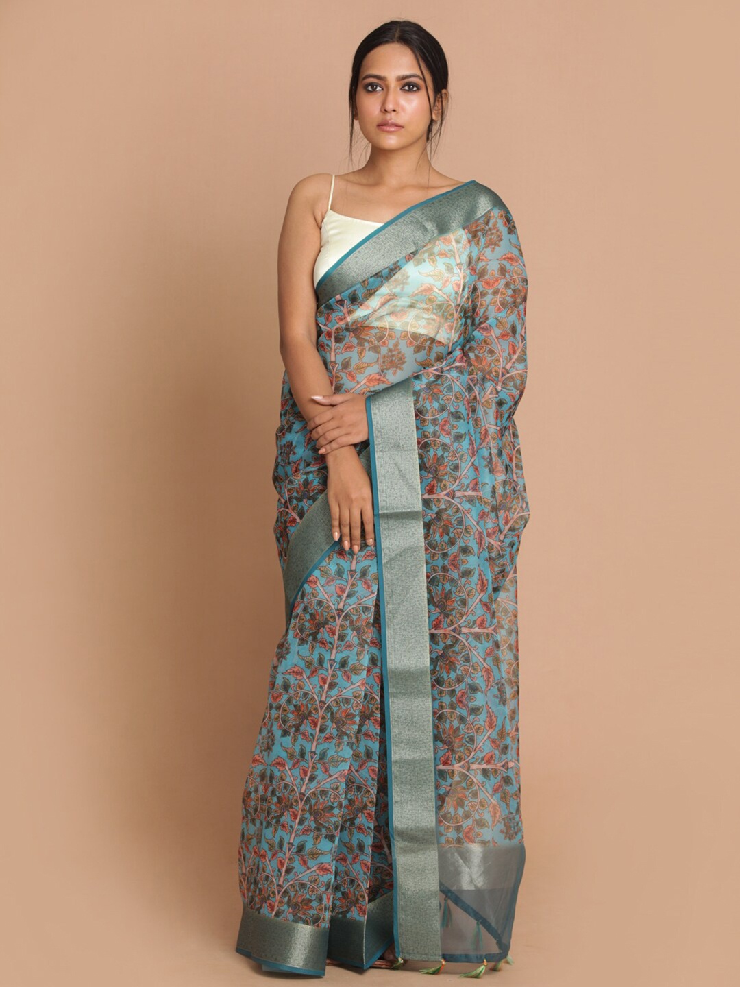 

Saranee Turquoise Blue & Silver-Toned Floral Organza Banarasi Saree