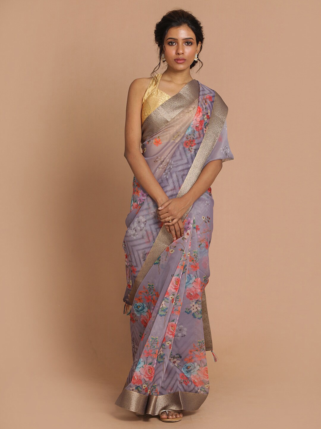 

Indethnic Lavender & Red Floral Zari Organza Banarasi Saree