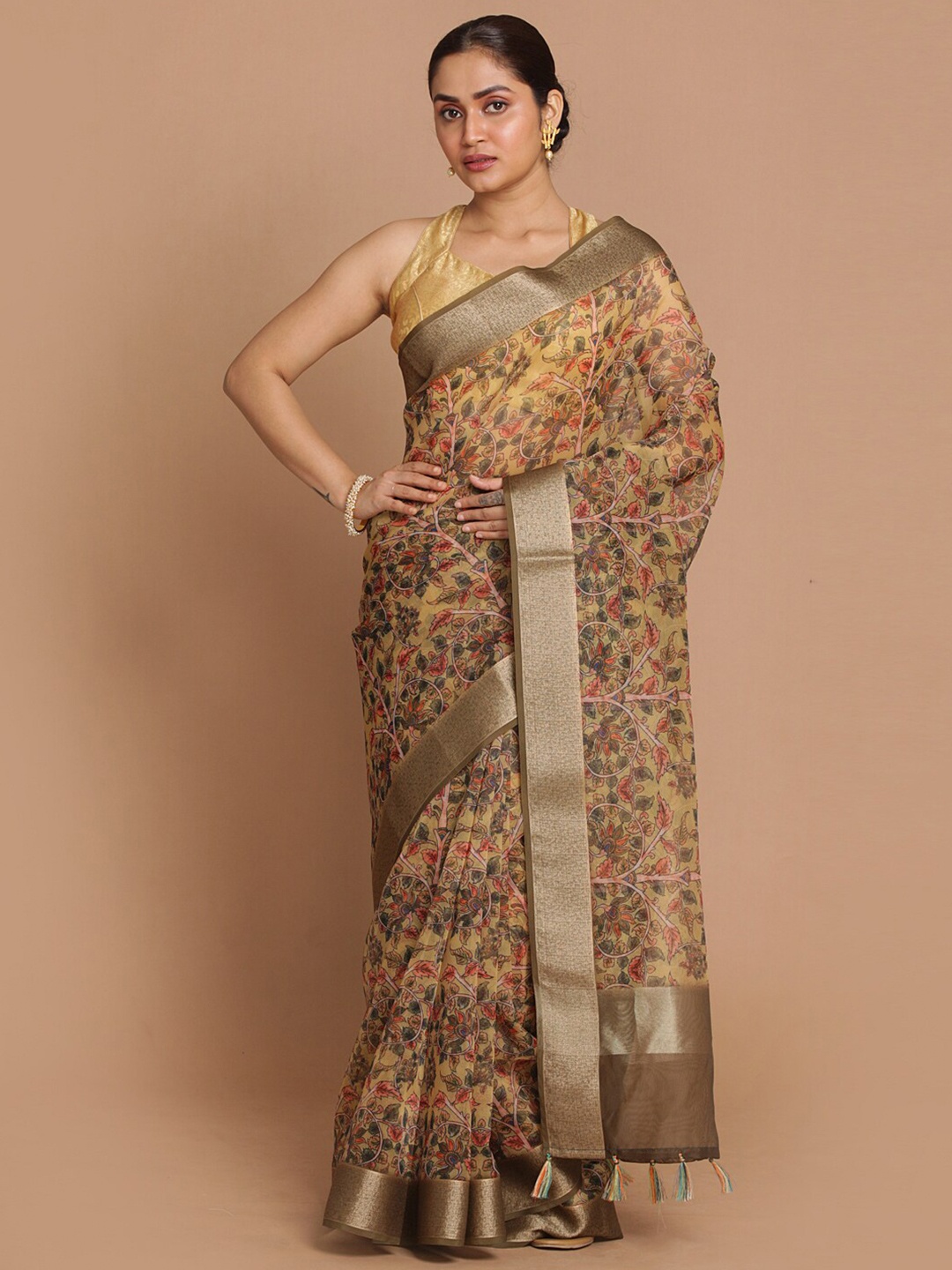 

Indethnic Olive Green & Red Floral Organza Banarasi Saree