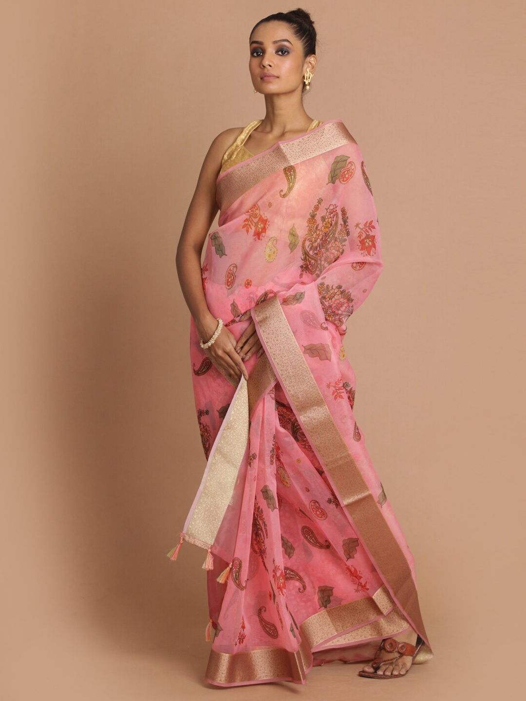 

Saranee Pink & Gold-Toned Ethnic Motifs Zari Banarasi Organza Saree