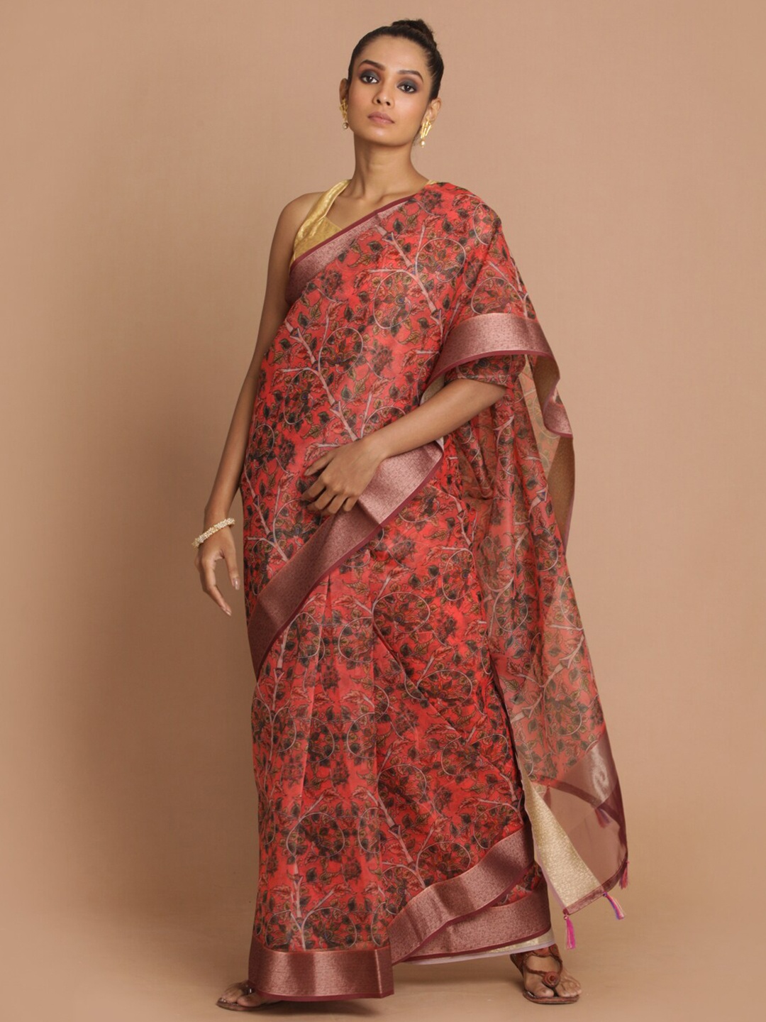

Saranee Coral & Silver-Toned Floral Organza Banarasi Saree