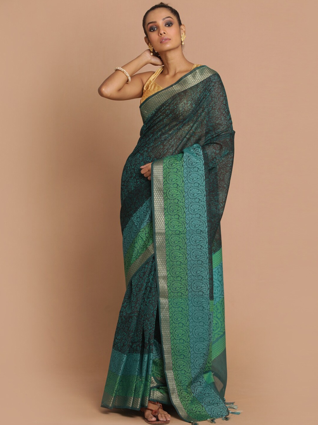 

Saranee Green & Blue Paisley Zari Banarasi Saree