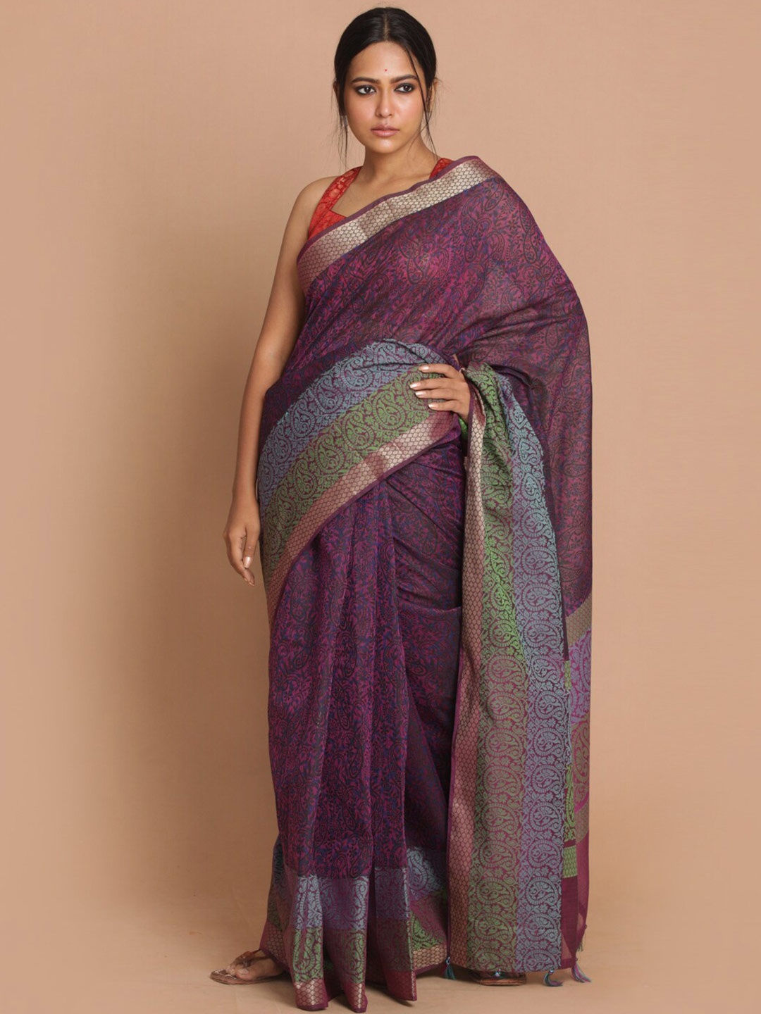 

Saranee Purple & Green Paisley Zari Banarasi Saree