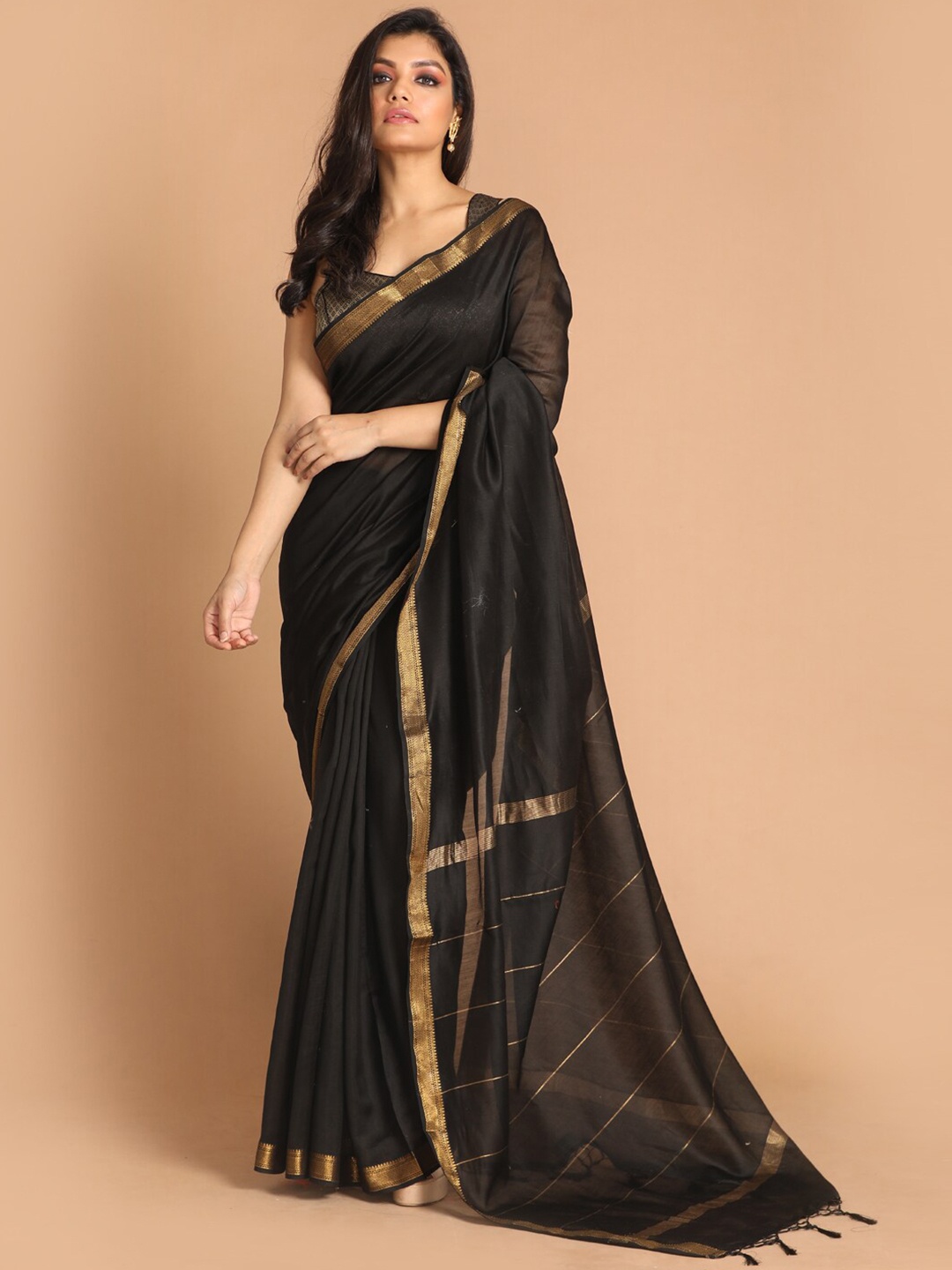 

Indethnic Black Zari Silk Cotton Banarasi Saree