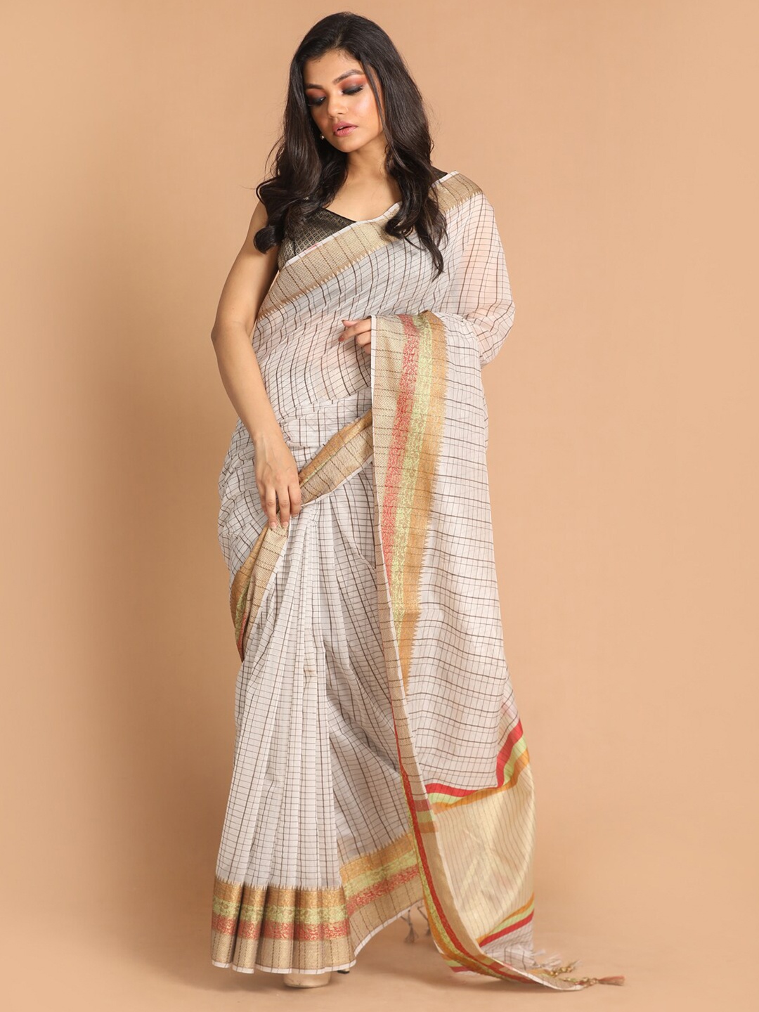 

Saranee Grey & Red Checked Zari Banarasi Saree