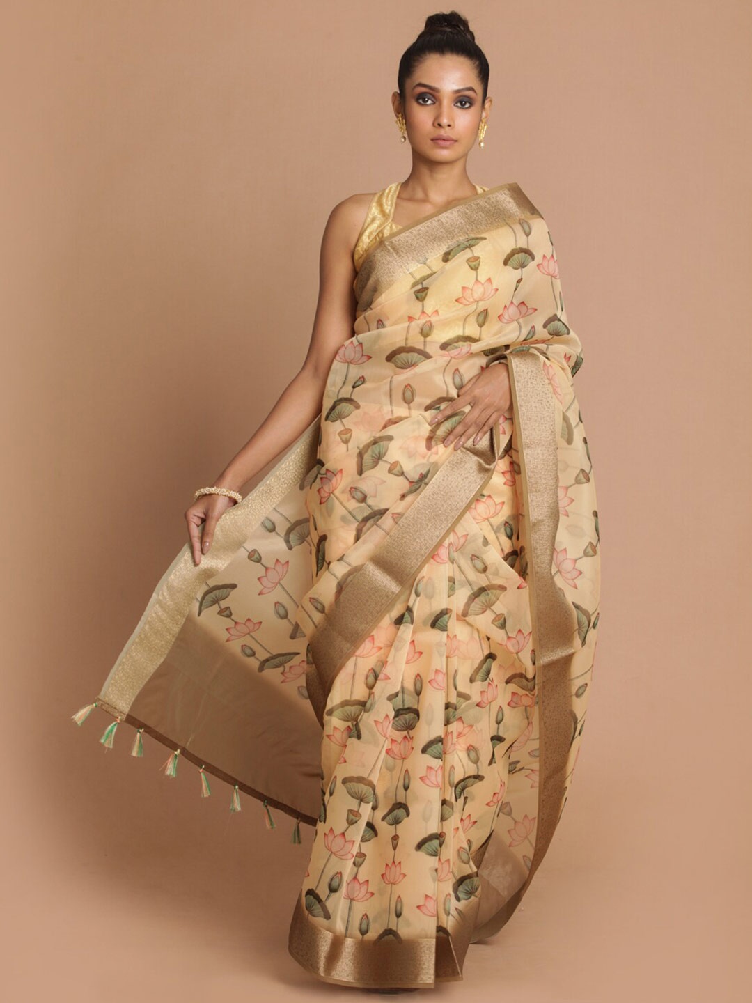 

Indethnic Yellow & Green Floral Zari Organza Banarasi Saree