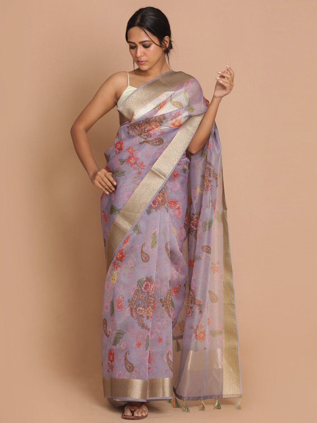 

Saranee Lavender & Red Floral Zari Organza Banarasi Saree