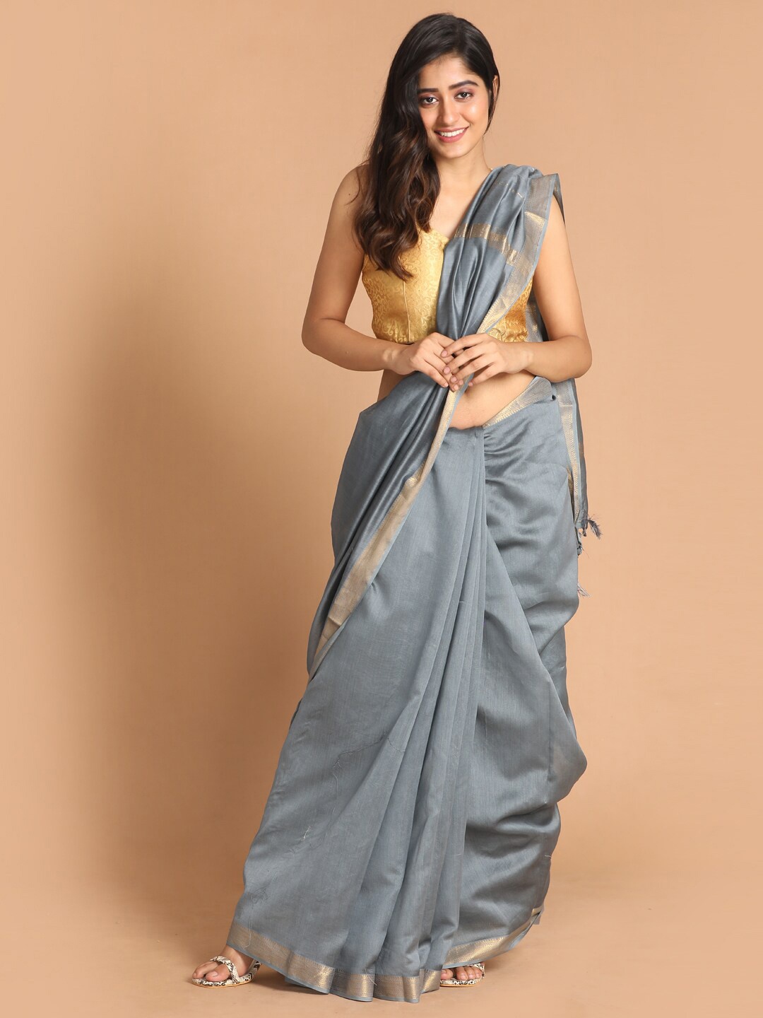 

Indethnic Grey & Gold-Toned Zari Silk Cotton Banarasi Saree