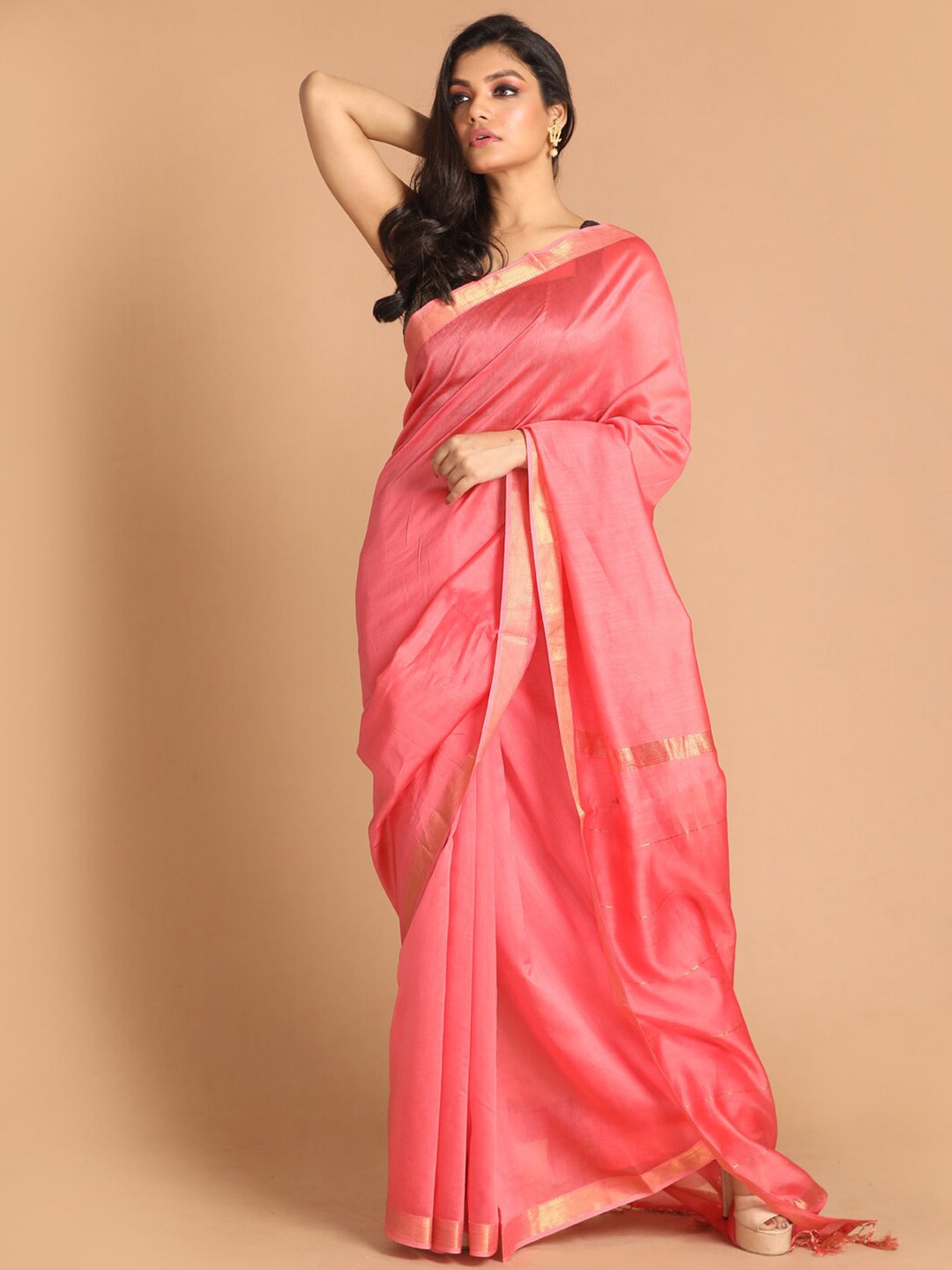 

Indethnic Coral & Gold-Toned Ethnic Motifs Zari Banarasi Silk Cotton Saree