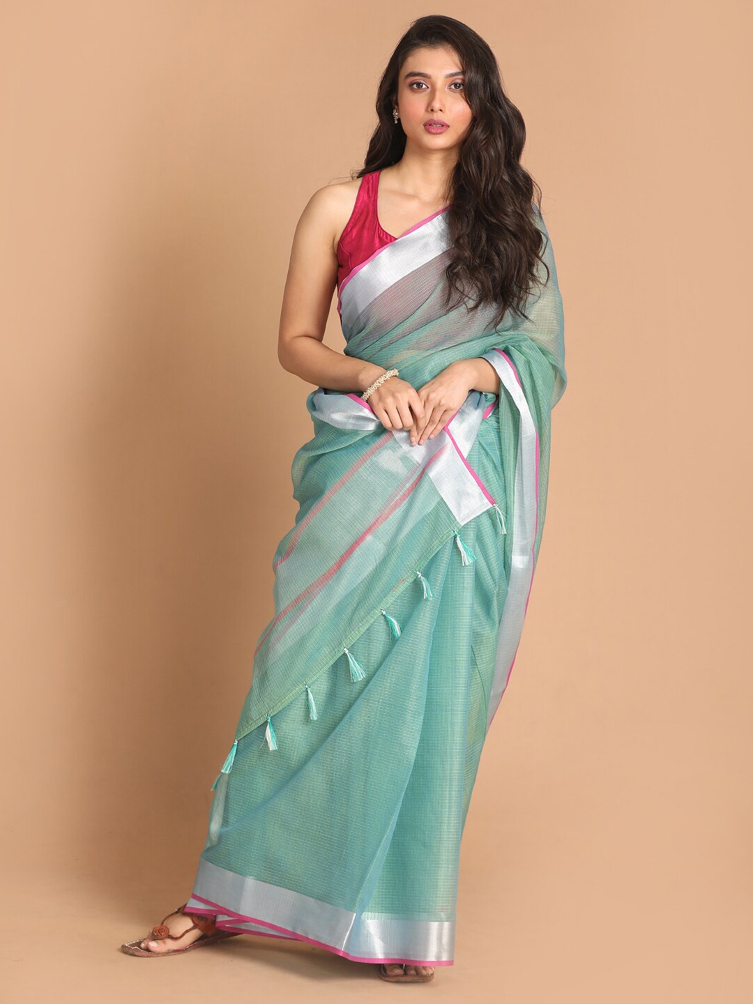 

Indethnic Sea Green & Silver-Toned Zari Silk Cotton Kota Saree