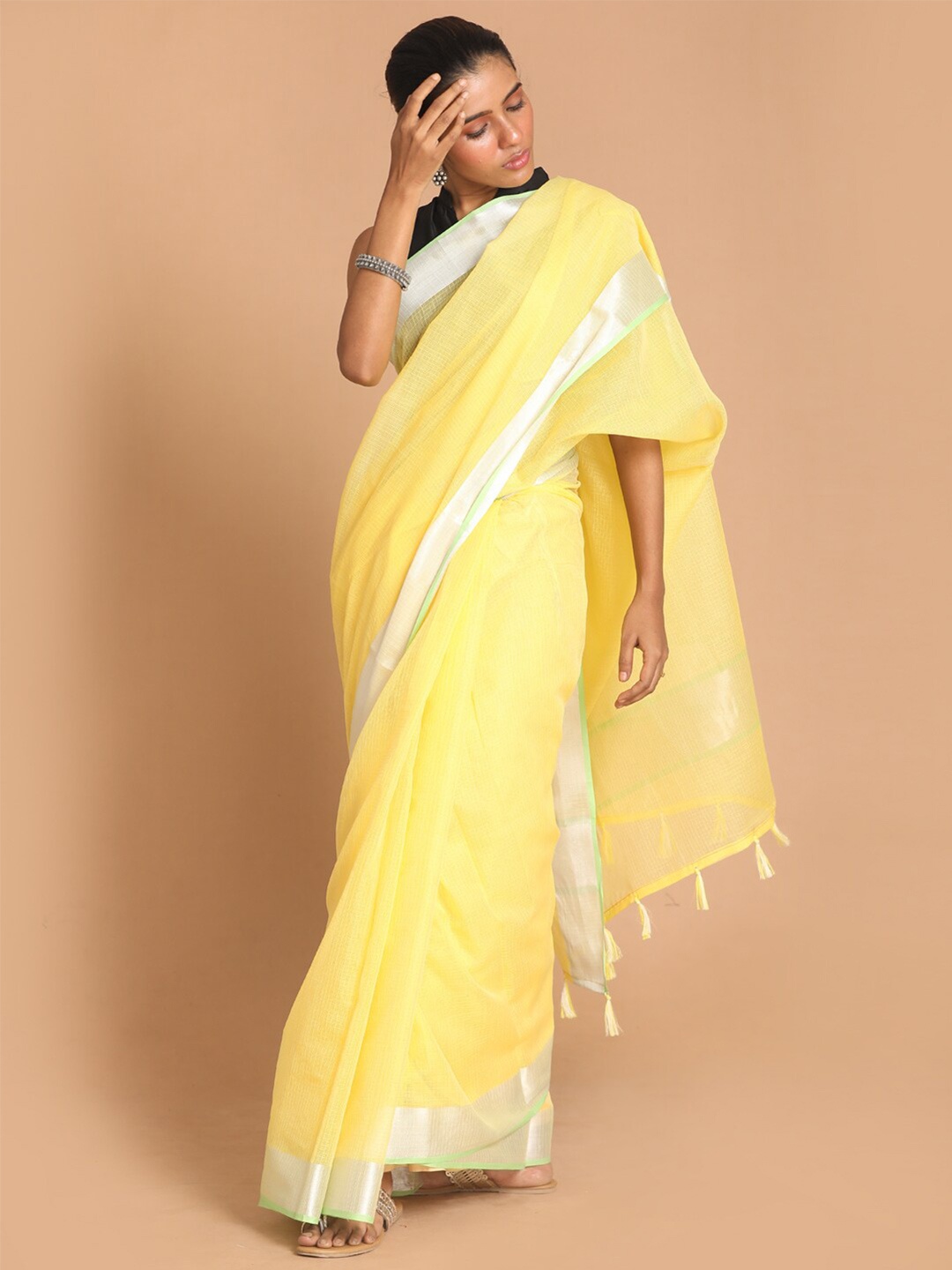 

Indethnic Yellow & Silver-Toned Silk Cotton Kota Saree