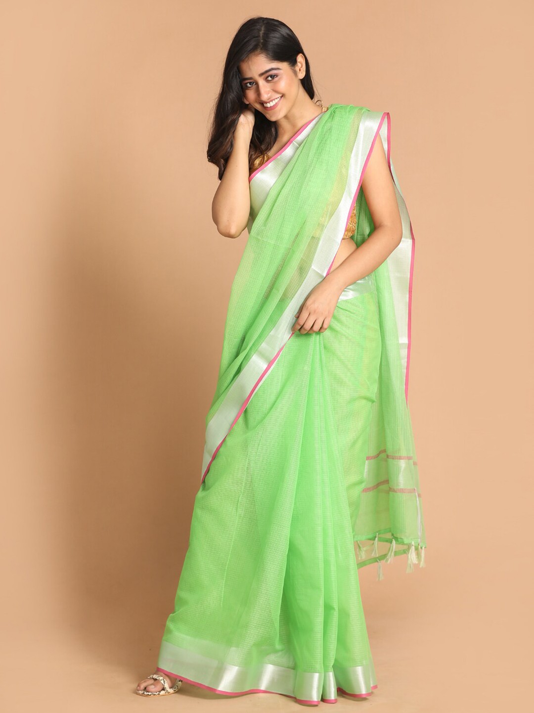 

Indethnic Green & Pink Solid Zari Kota Silk Cotton Saree