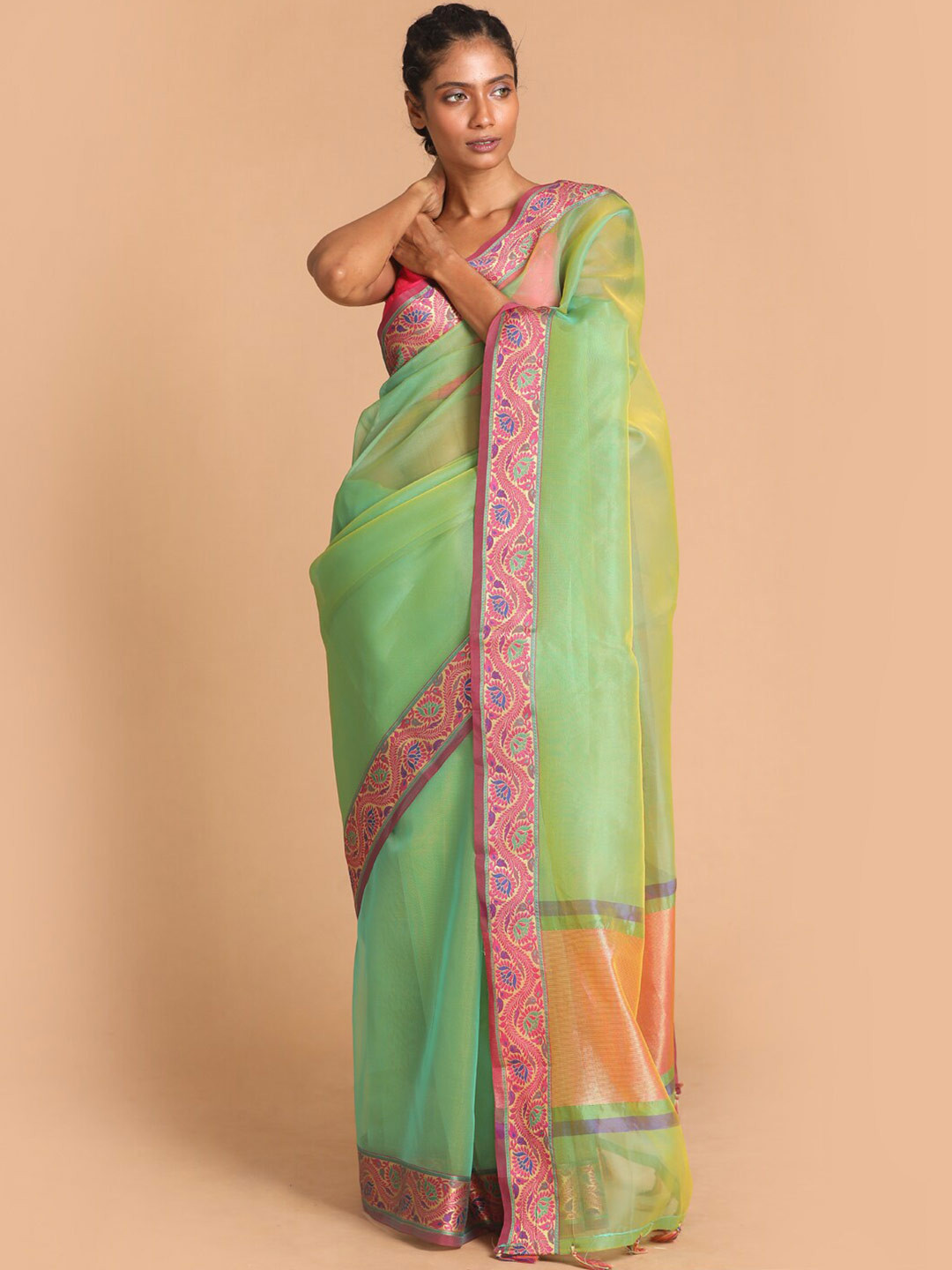 

Indethnic Green & Pink Ethnic Motifs Zari Banarasi Tissue Saree