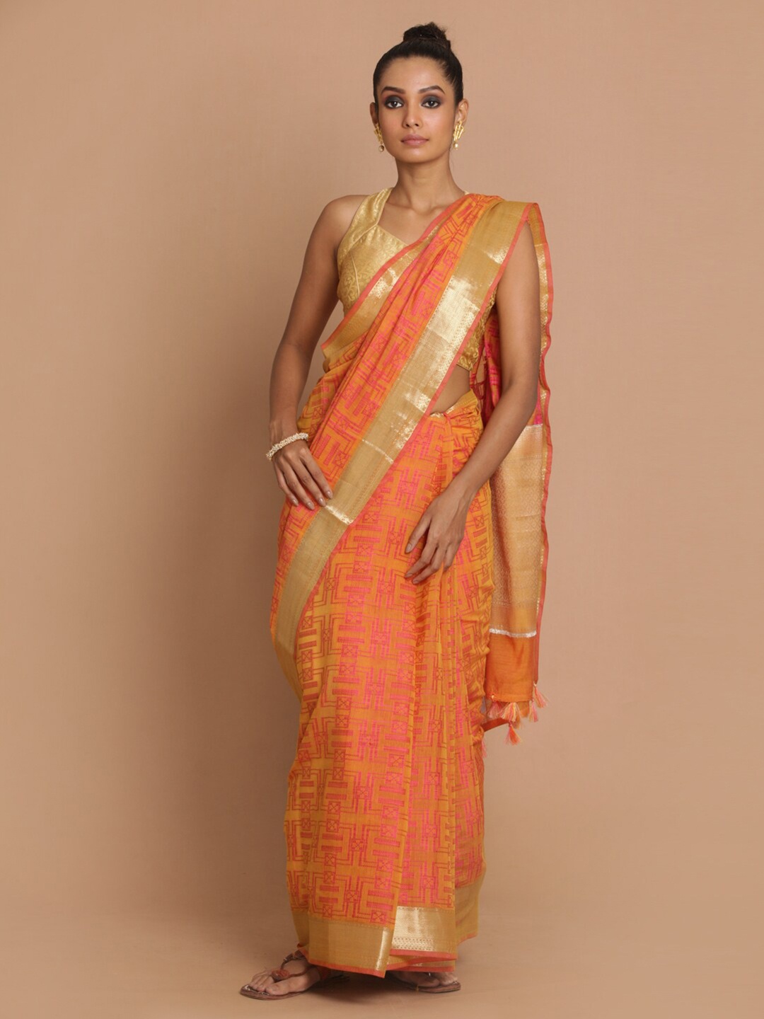 

Saranee Orange & Gold-Toned Woven Design Zari Banarasi Saree