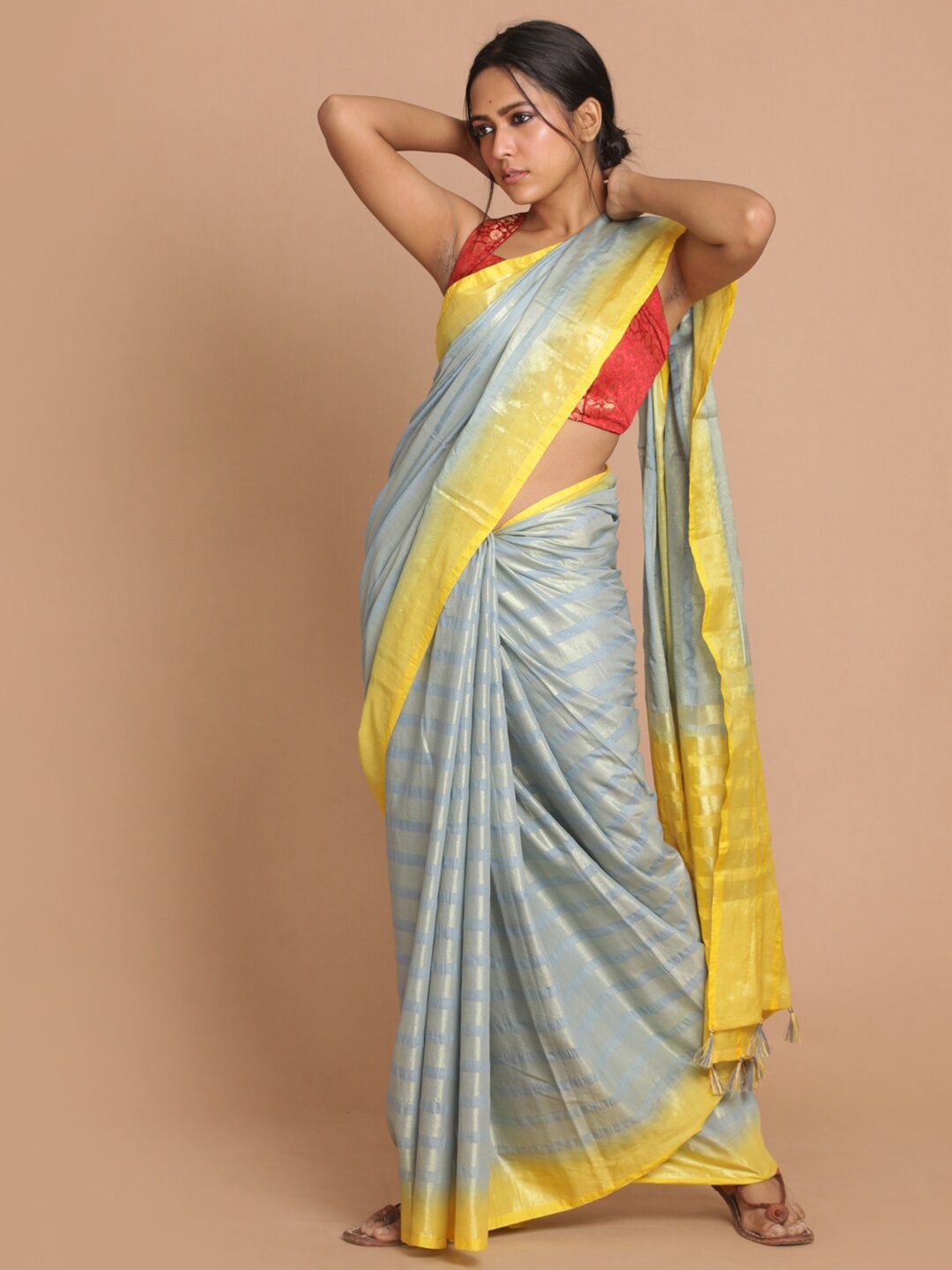 

Saranee Grey & Yellow Striped Banarasi Saree