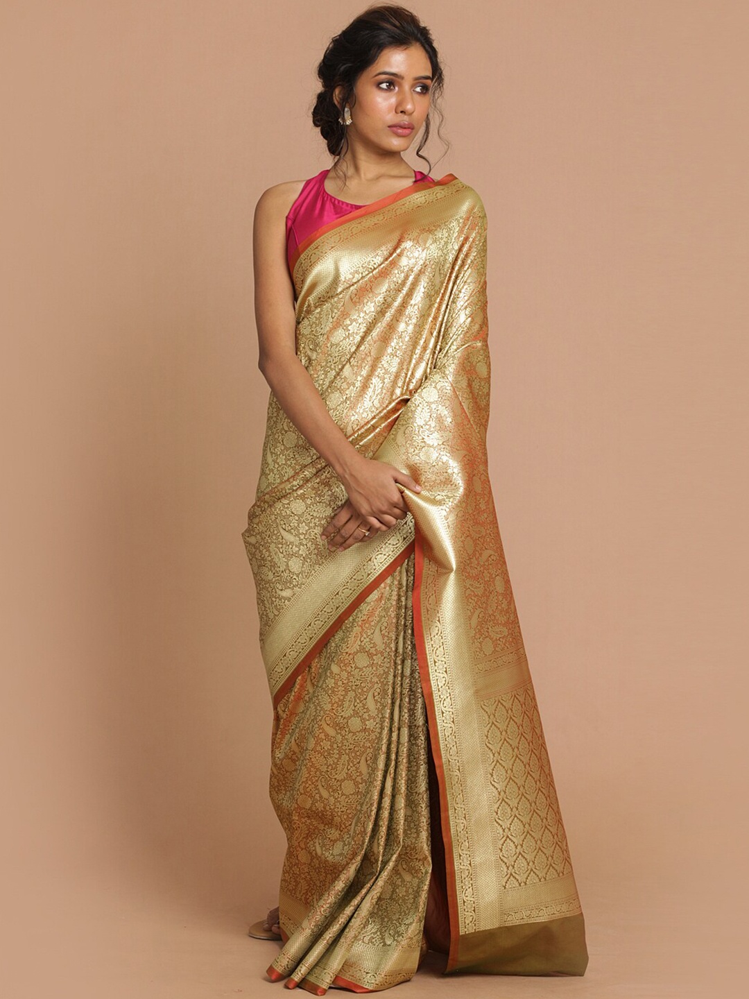 

Indethnic Gold & Brown Ethnic Motifs Zari Banarasi Saree