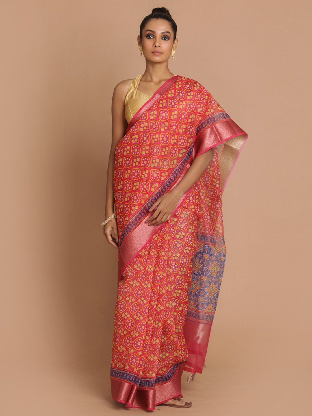 

Saranee Coral & Blue Floral Zari Organza Banarasi Saree