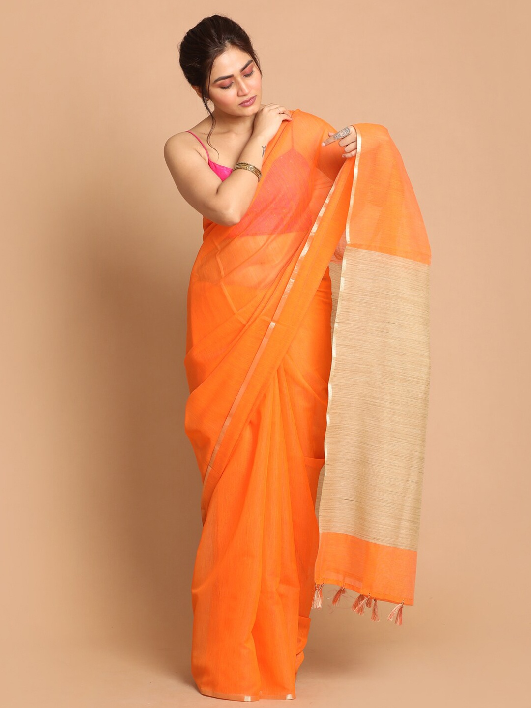 

Indethnic Women Orange Solid Banarasi saree