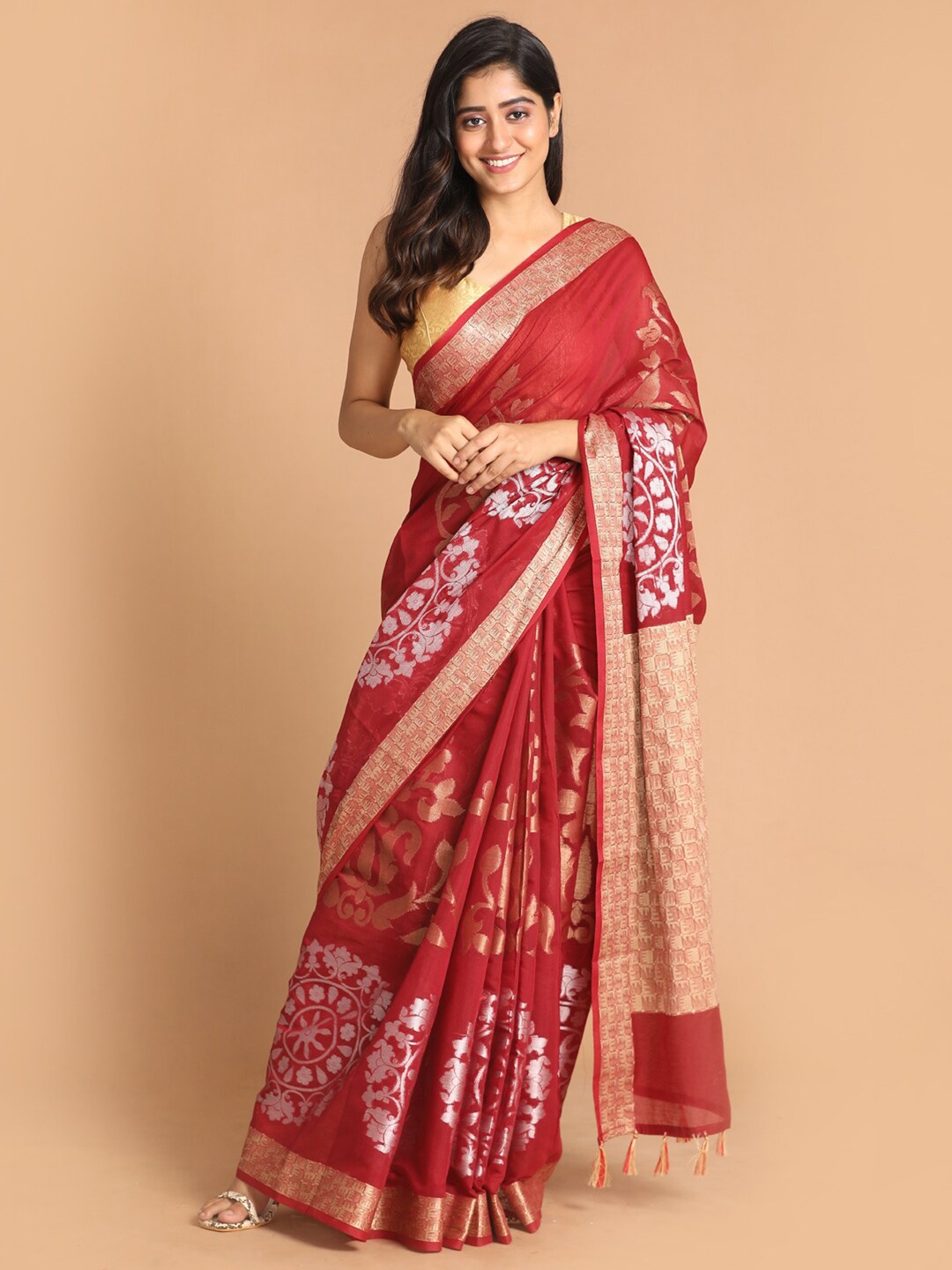 

Indethnic Maroon & Silver-Toned Ethnic Motifs Zari Banarasi Saree