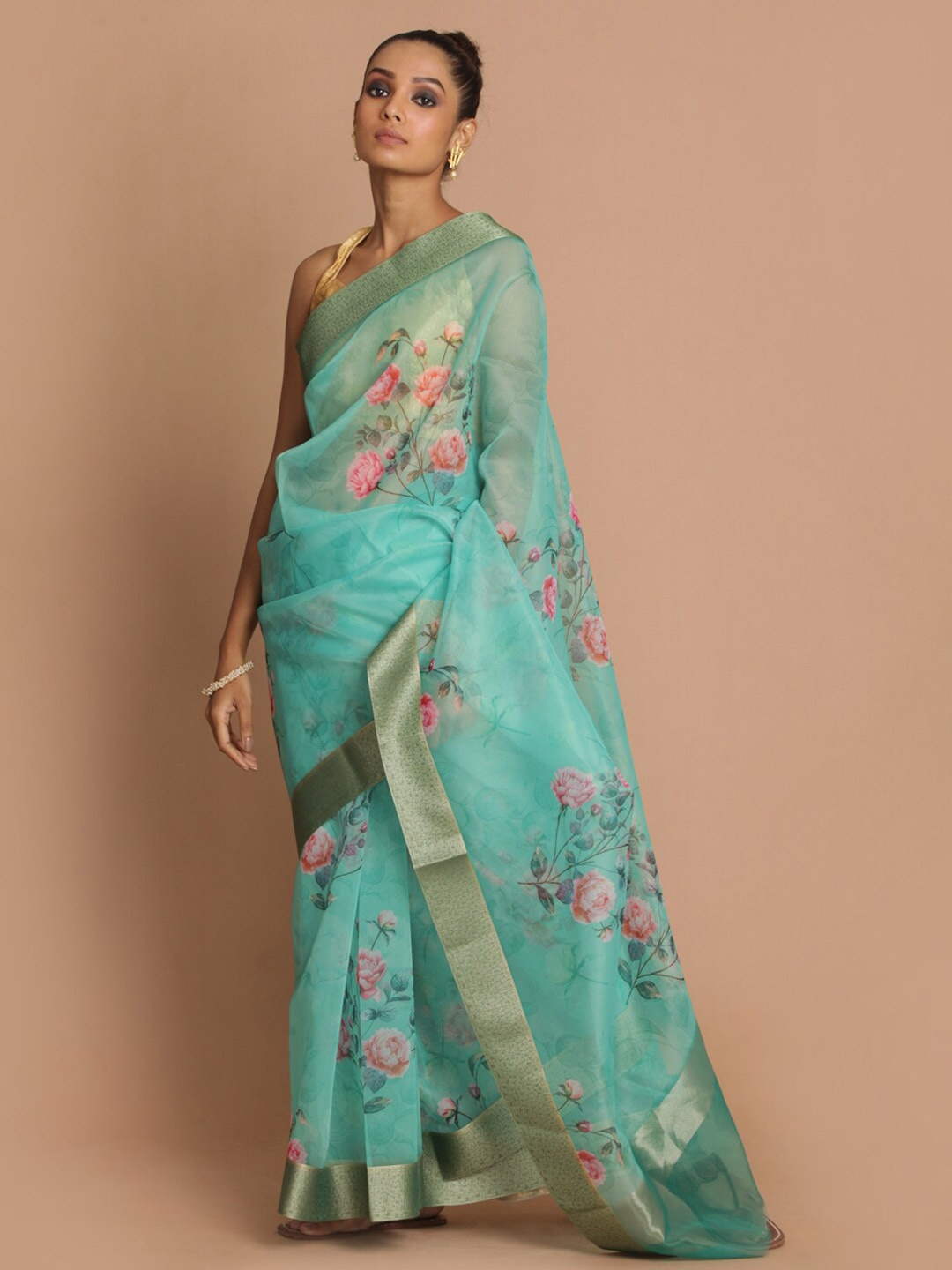 

Indethnic Blue & Gold-Toned Floral Zari Organza Banarasi Saree