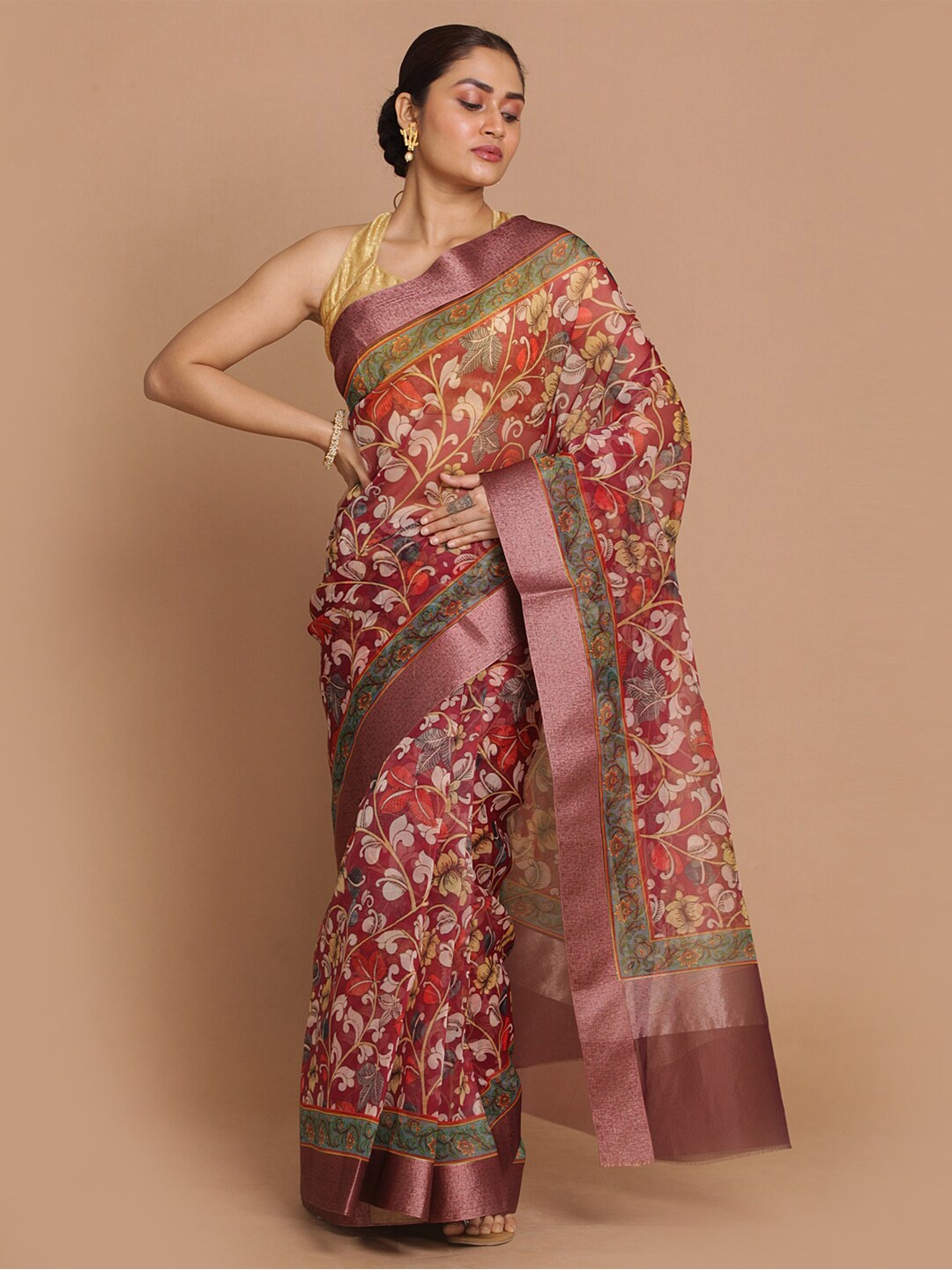 

Saranee Maroon Floral Zari Organza Banarasi Saree