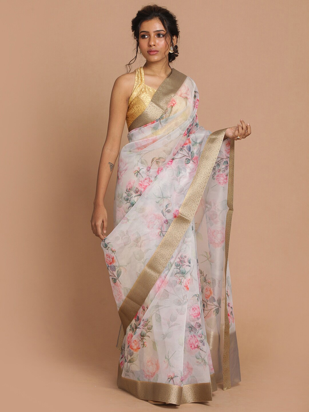 

Indethnic Silver-Toned & Pink Floral Zari Organza Banarasi Saree