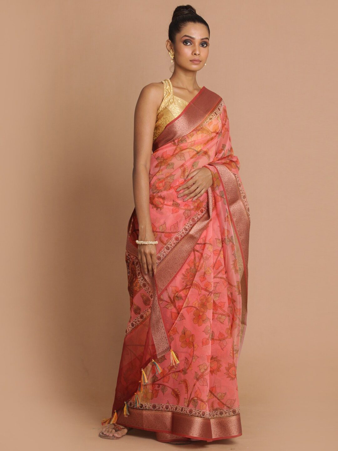 

Indethnic Maroon Floral Zari Organza Banarasi Saree