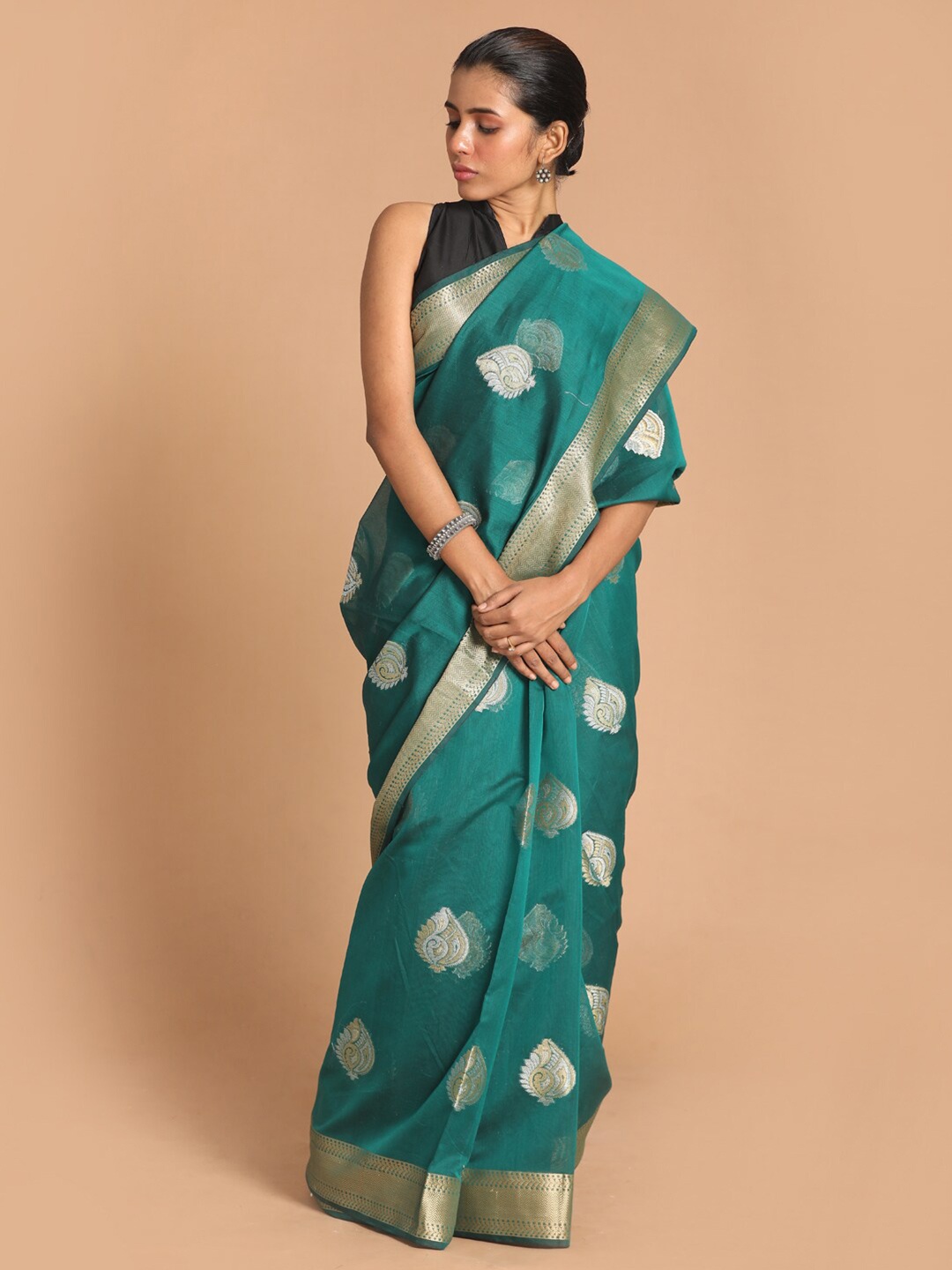 

Indethnic Women Green Woven Design Banarasi Saree